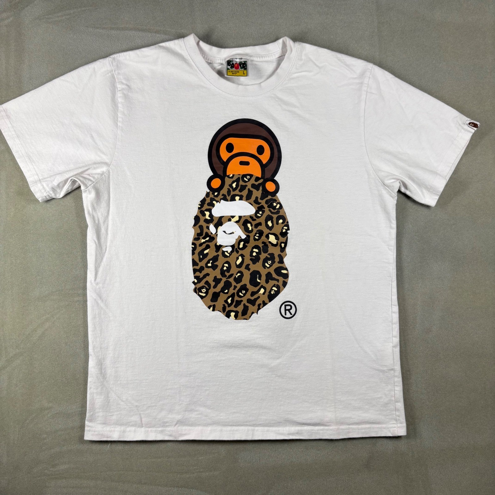 BAPE A Bathing Ape Baby Milo Leopard Ape Head White Tee Shirt SzL