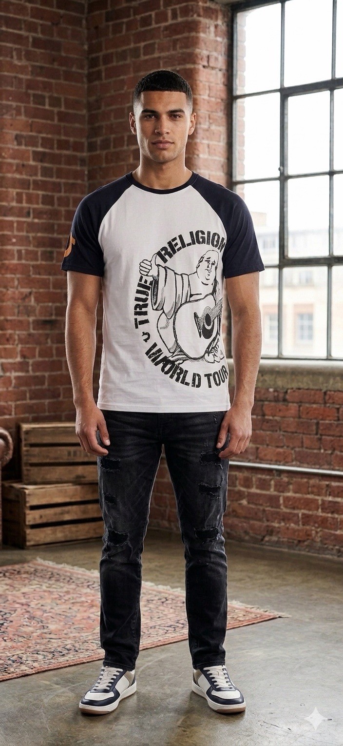 $79 TRUE RELIGION White Navy PART BUDDHA Short Sleeve Designer Raglan T-shirt
