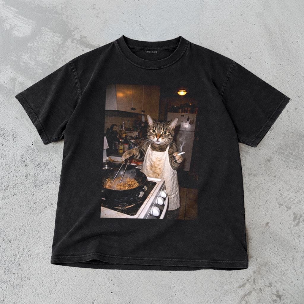 Funny Cat T-Shirt Retro Cooking Cat Meme Graphic Tee Unisex