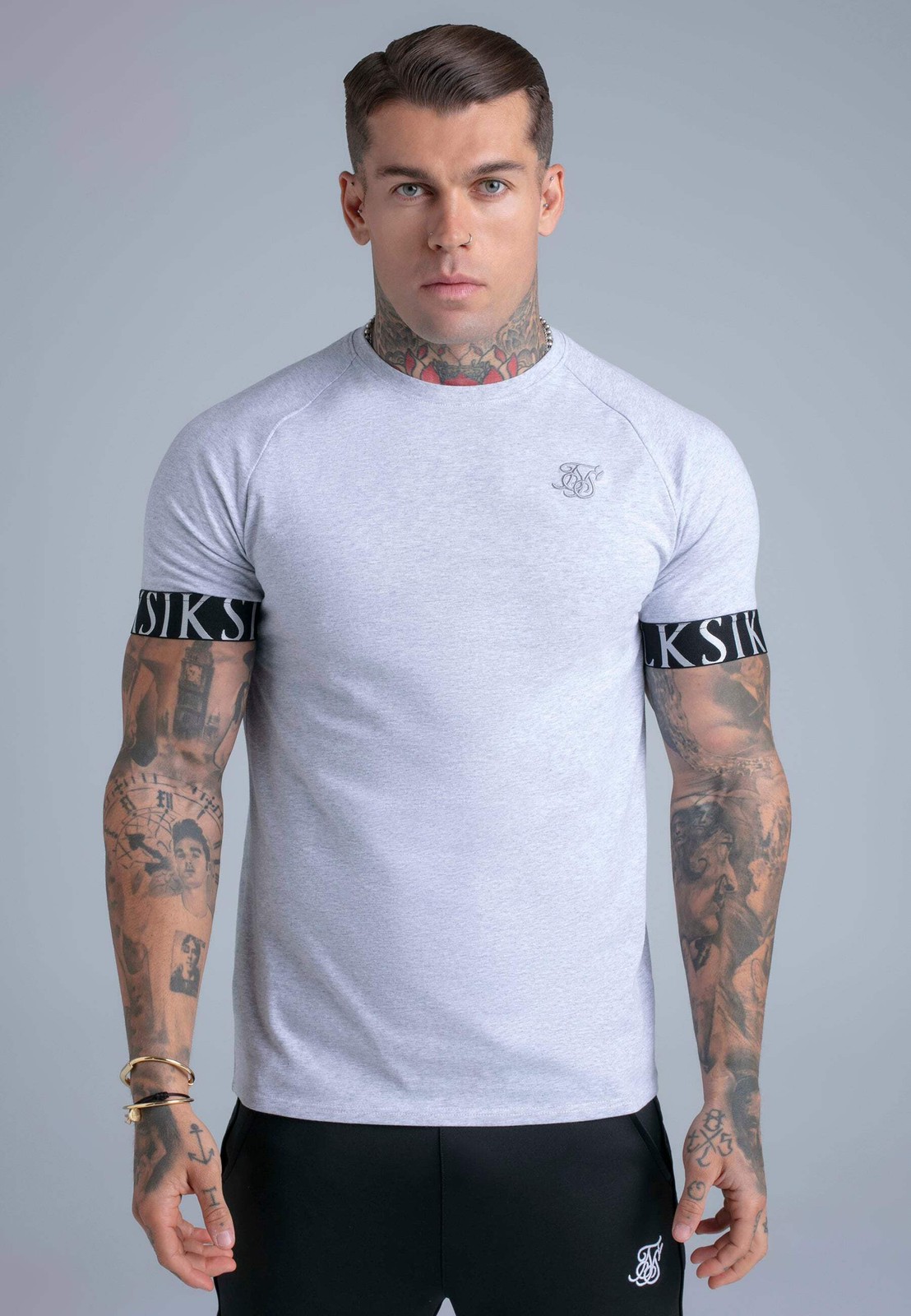 SikSilk Men’s Muscle Fit Short Sleeved Tech T-Shirt Tee Grey Marl