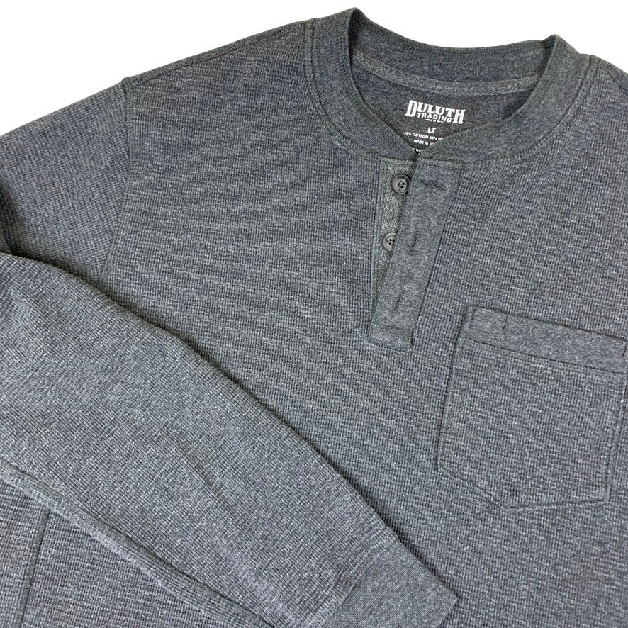 Duluth Trading Shirt Men Large Tall Grey Henley Waffle Knit Dad Classic Gorpcore