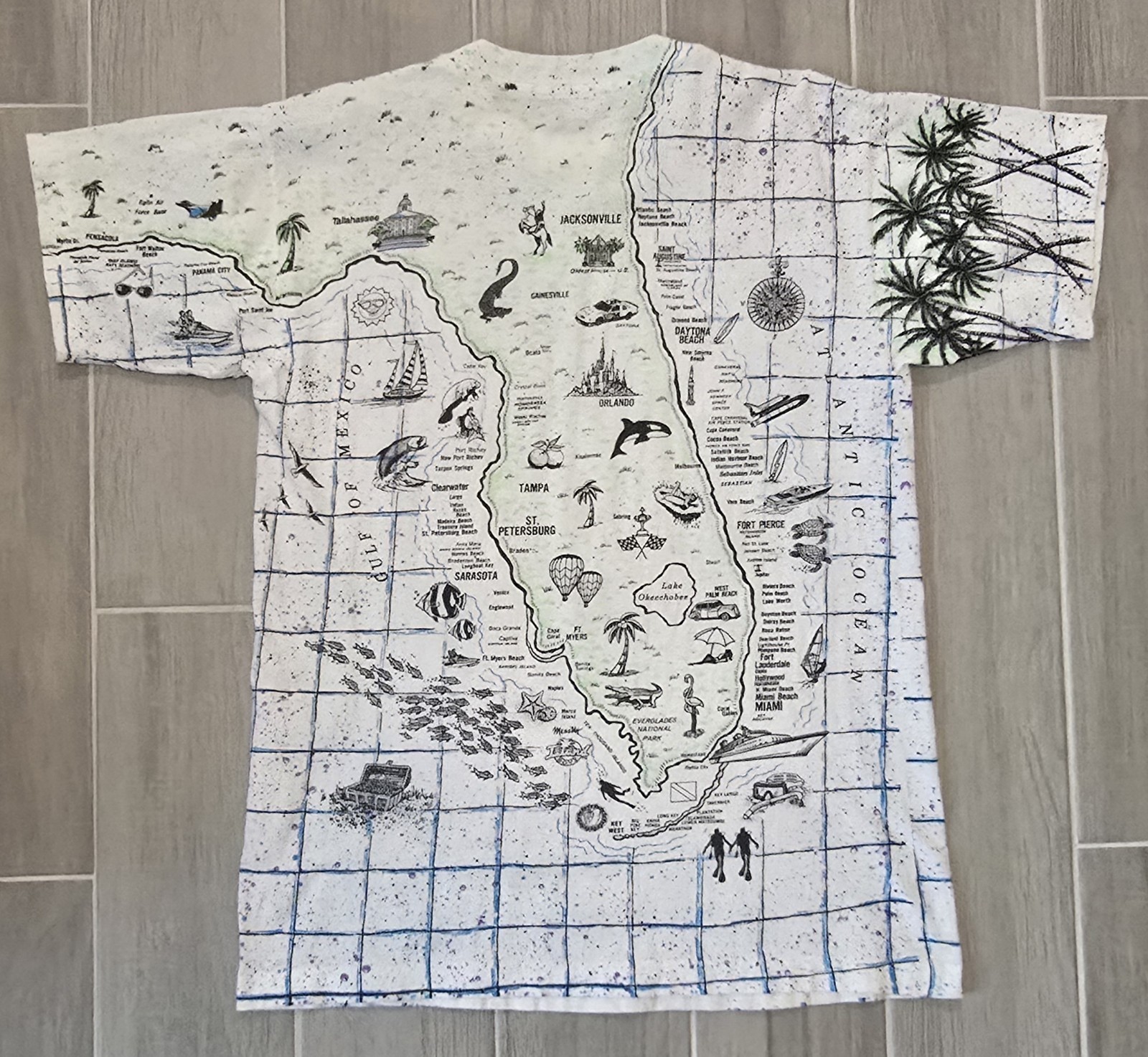 Vintage Florida AOP Shirt Single Stitch Large LocoMoFo Colorful Fun Map USA 90s