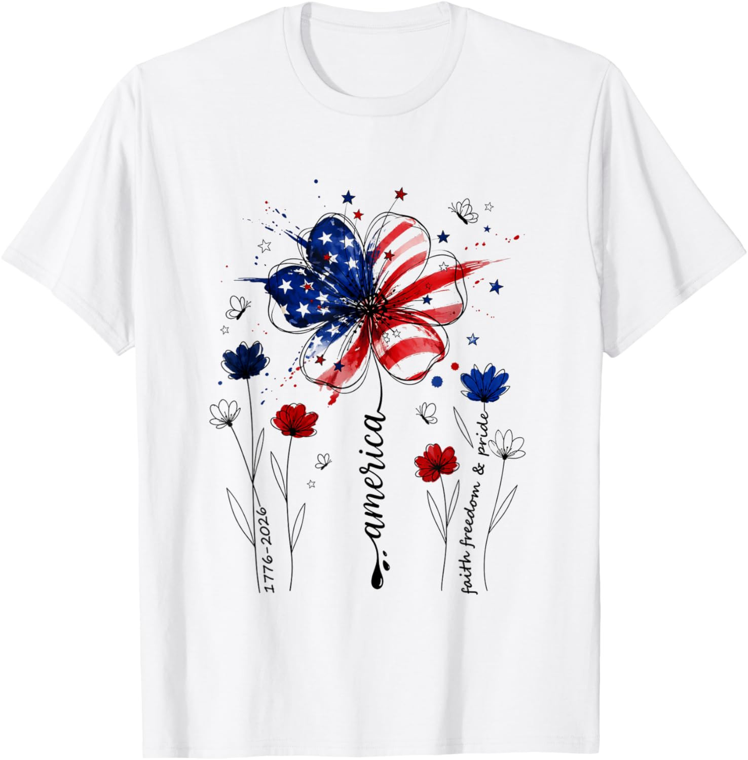 Independence Day Patriotic American Flag USA Flower Women T Shirt
