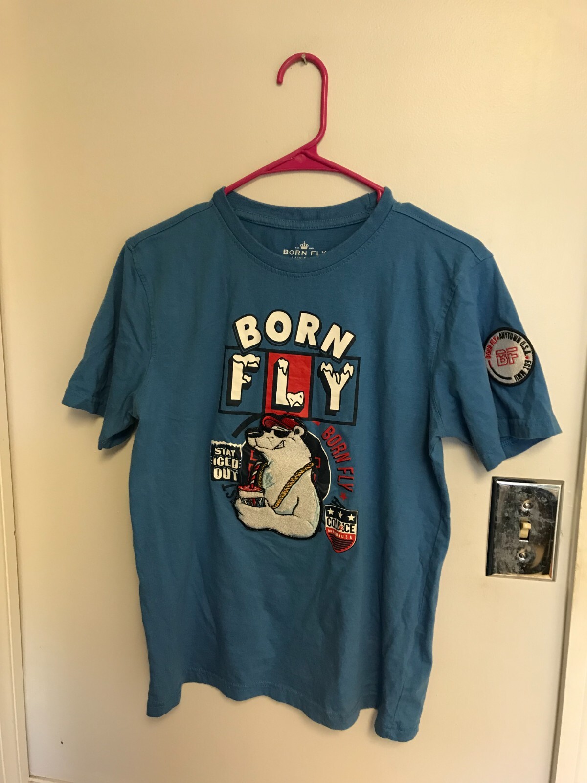 BORN FLY T SHIRT LARGE 14-16 WITH RAISED EMBOSSED BEAR RARE