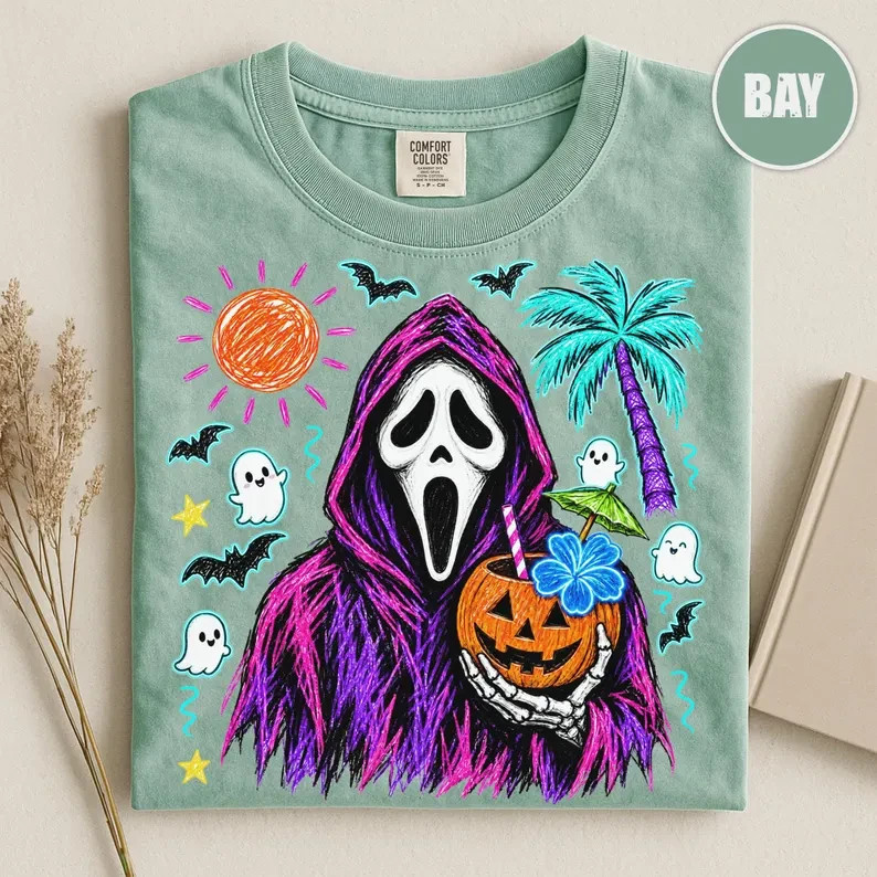 Spooky Ghost Mask Halloween Shirt Tropical Pumpkin Drink Tee Gildan Unisex
