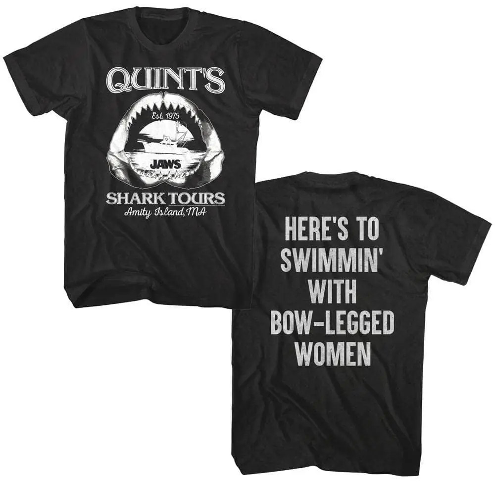 Jaws Quint’s Shark Tours Quote Men’s T Shirt Swimmin with Bow-Legged Women Amity