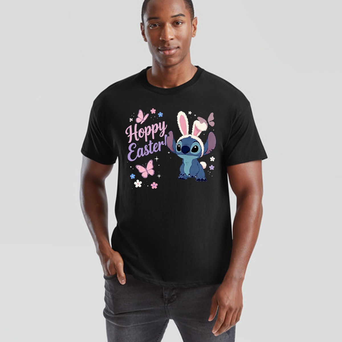 Unisex Blue Alien Hoppy Easter Bunny Butterflies Graphic Cotton Spring T-Shirt