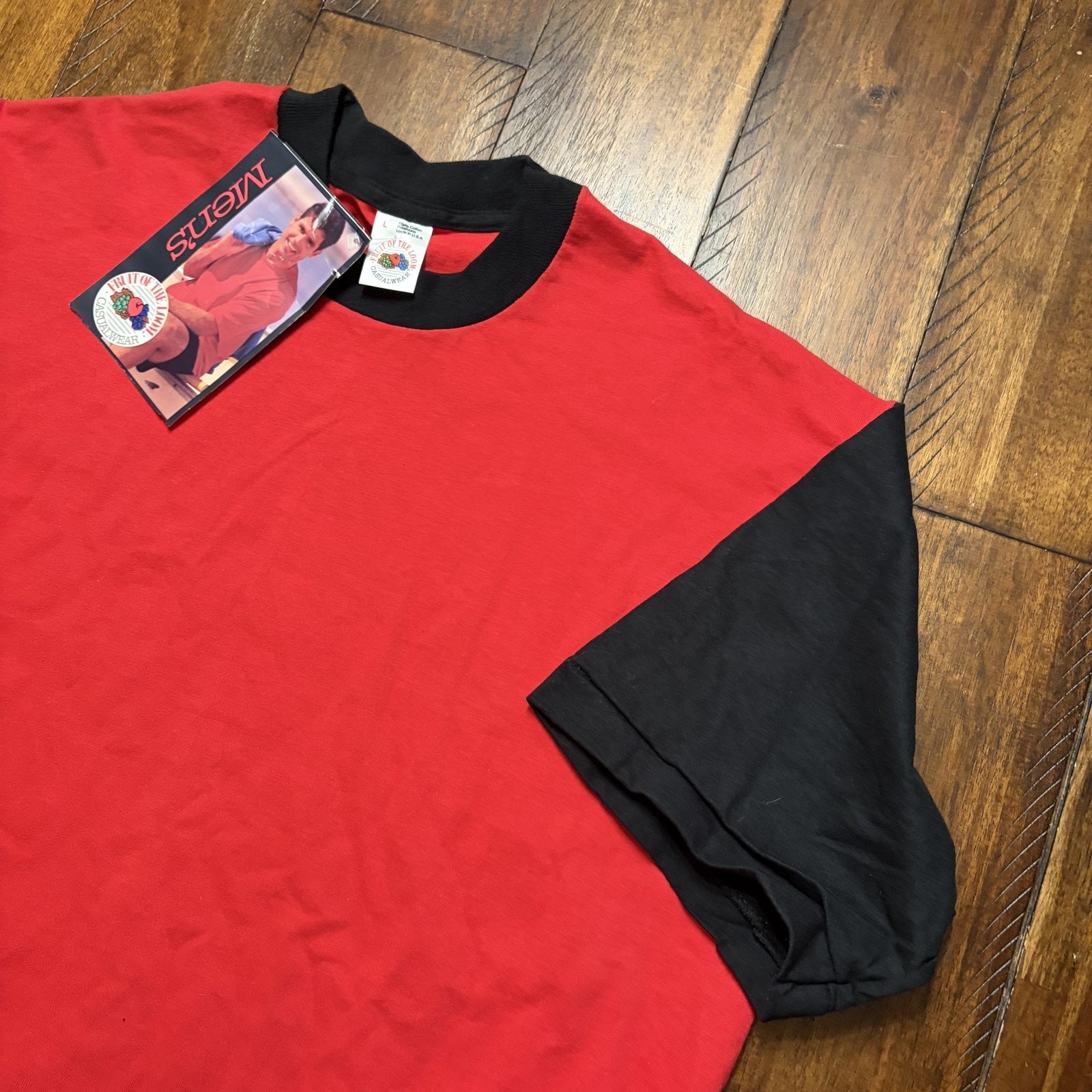 Vintage Fruit Of The Loom Shirt Mens Large Red Black Colorblock Tee Made USA 90s