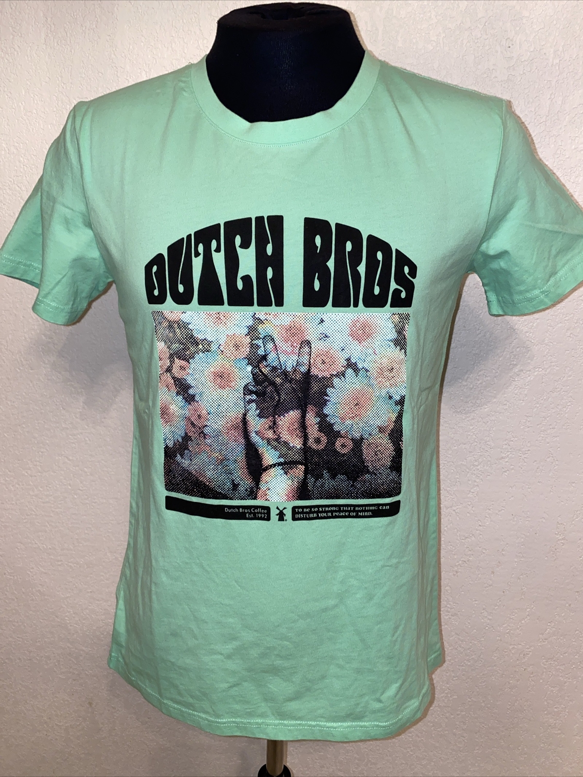 Dutch Bros Coffee T- Shirt Large green Peace Sign Flower Power Hippie Love Work