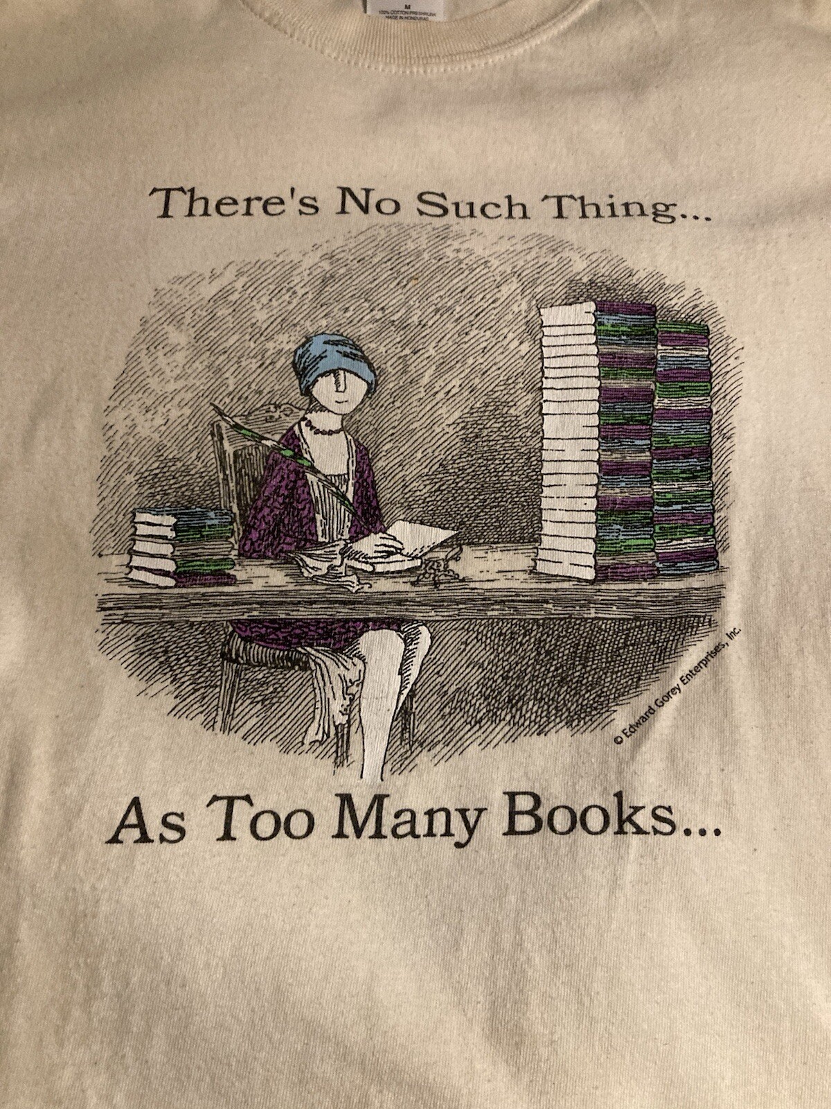Vintage Sz Med. Edward Gorey Shirt No Such Thing, Too Many Books Caricature.