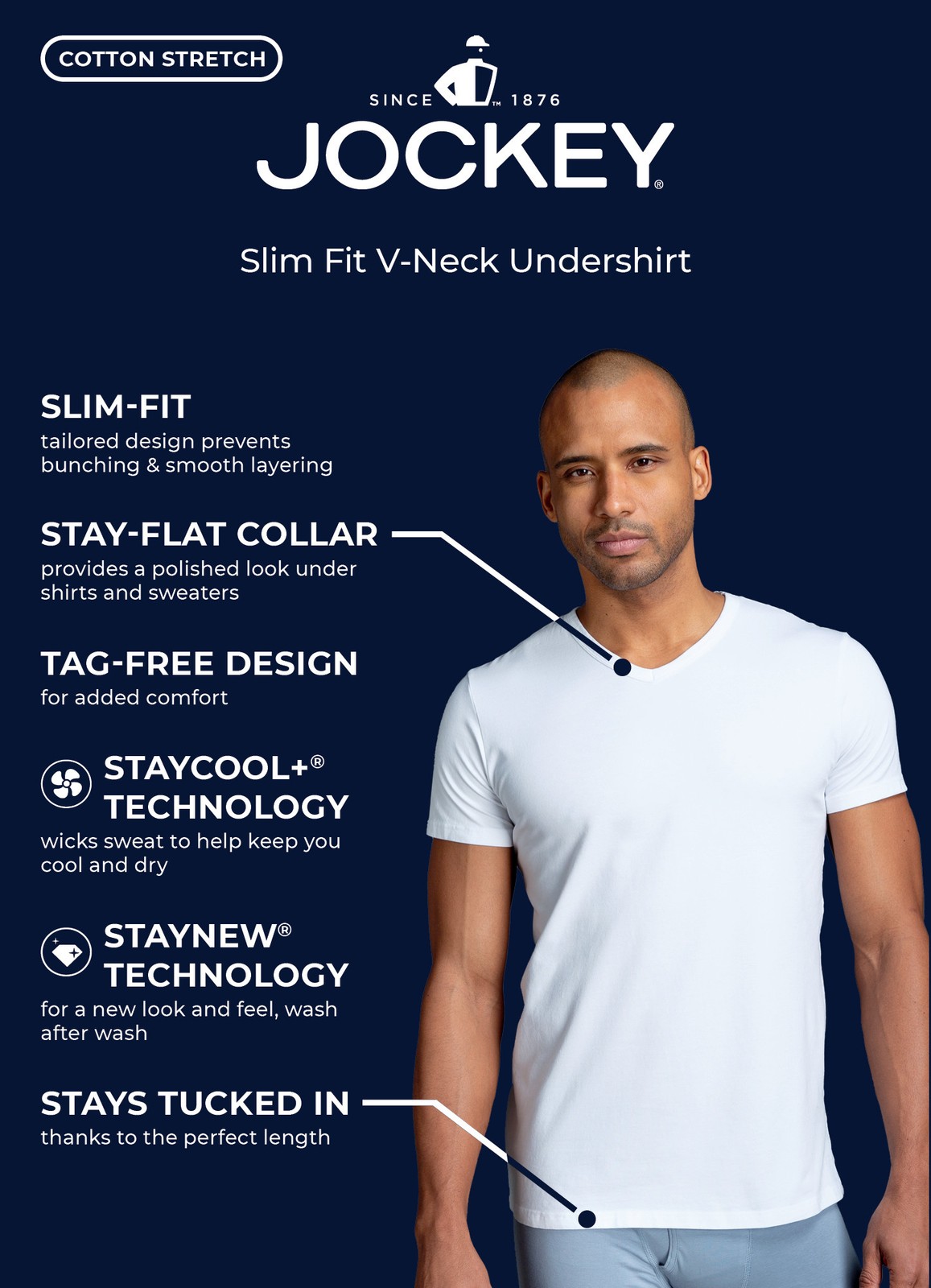 Jockey Men’s Slim Fit Cotton Stretch V-Neck Undershirt – 2 Pack