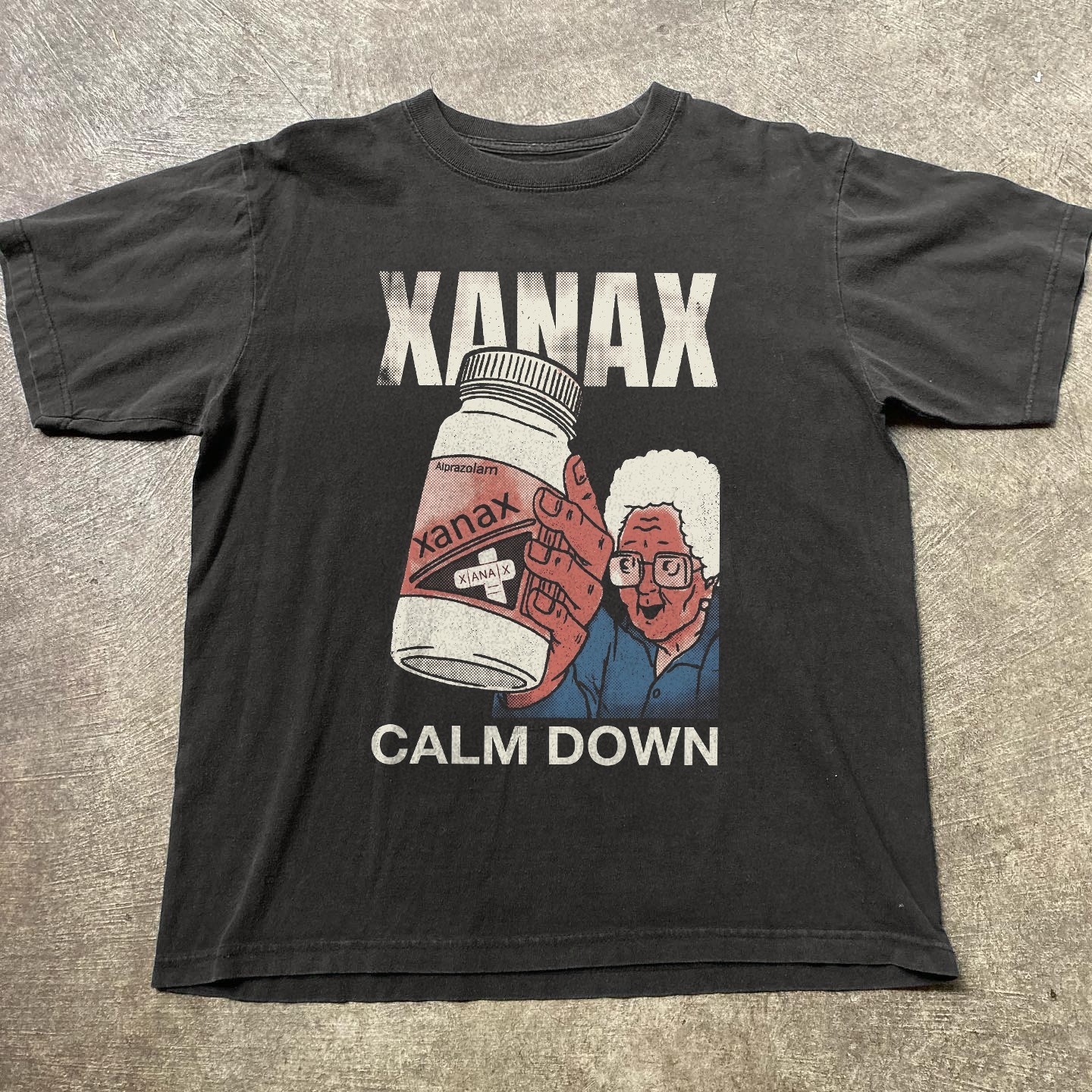 HOT! Xanax Calm Down Graphic Tee Funny Retro Unisex Black T-shirt Size S-5XL