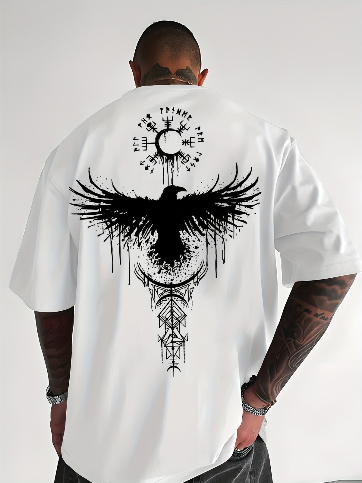 Viking Raven T-Shirt Norse Mythology Odin Symbol Graphic Mens Black Tee
