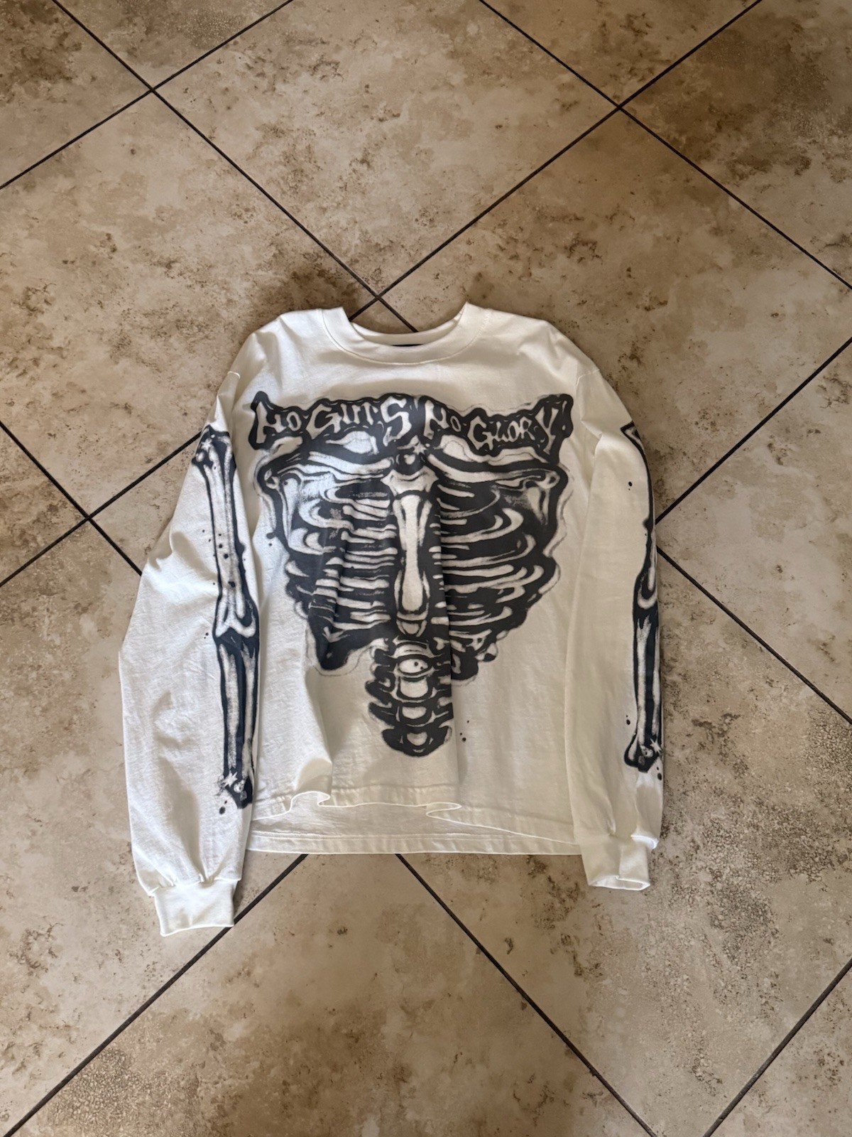 Hellstar “No Guts No Glory” Skeleton Long Sleeve T-Shirt – White/Black Graphic