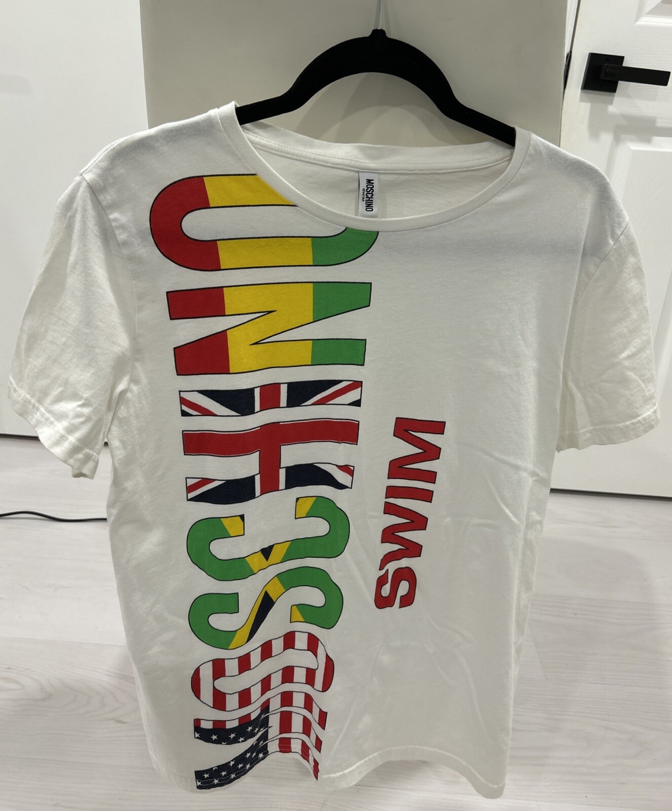 Vintage Men’s White Moschino Swim Flag T-Shirt Size M. 100% Cotton.