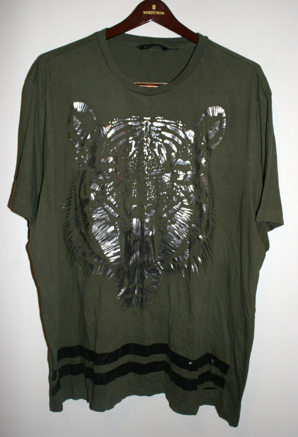 Mens Sean John Y2K Olive Green Silver Foil Tiger Cotton T-Shirt Short Sleeve 4XL