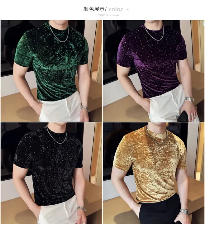 Summer Velvet Pleated Hot Stamping T-shirt for Men’s Fashion Versatile Slim Fit