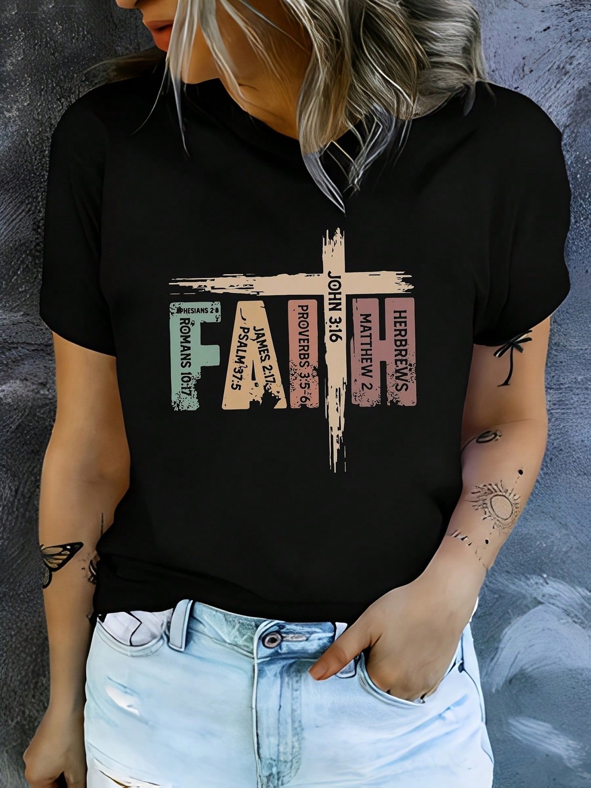 Faith Cross Bible Verse Women’s Christian Spiritual Inspirational Casual Tee