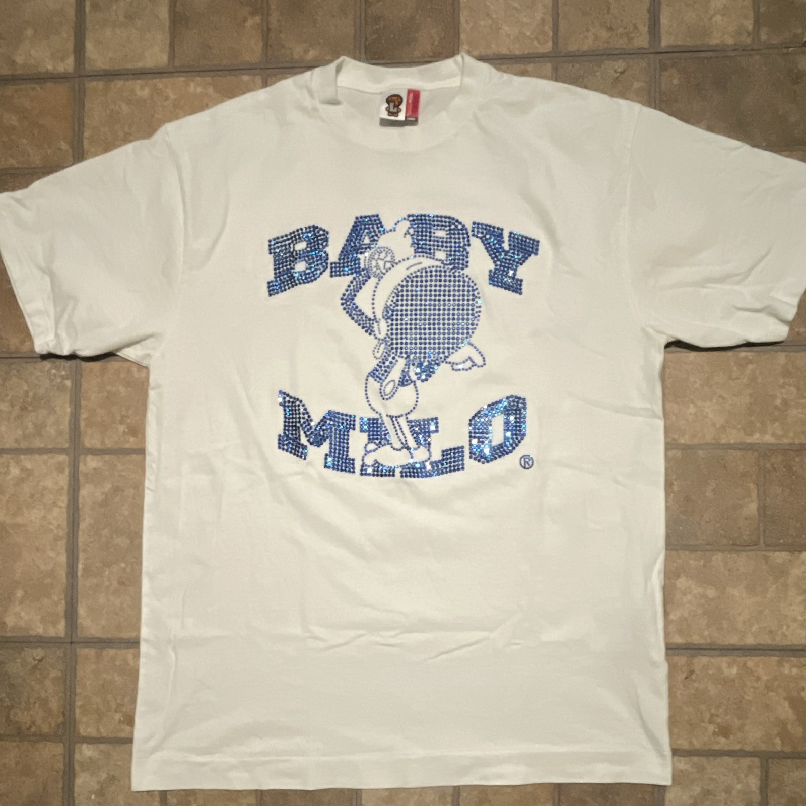 A Bathing Ape BAPE Baby Milo White Logo Graphic Cotton Knit Tee Crew Neck L
