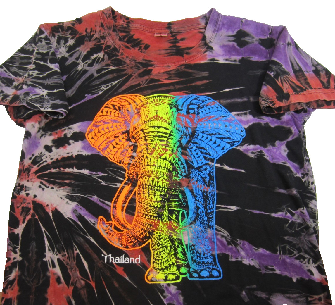 Vintage Y2K Thailand T-Shirt SLIM LRG Elephant AOP Graphic Tie Dye WILD!