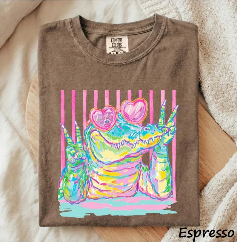 Colorful Alligator Shirt Heart Sunglasses Peace Sign Graphic Tee Gildan Unisex