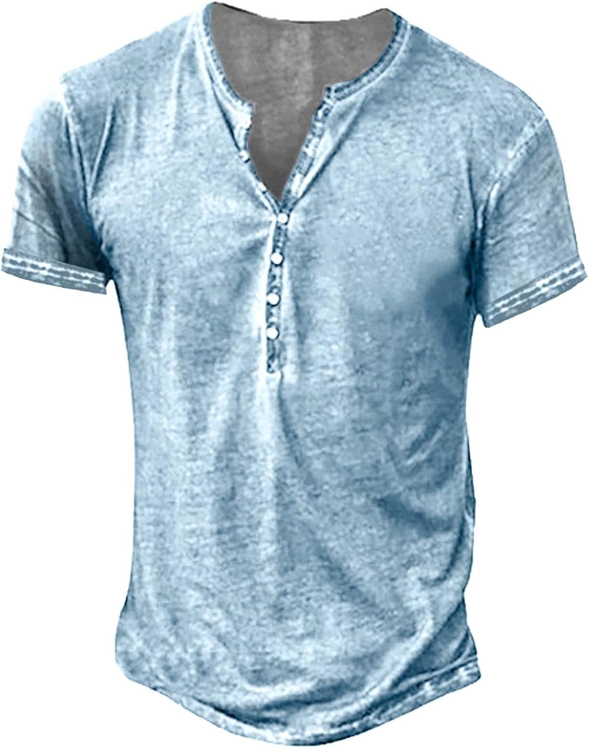 Mens Distressed Henley Shirt Short Sleeve Retro Washed Casual Slim Fit Tee