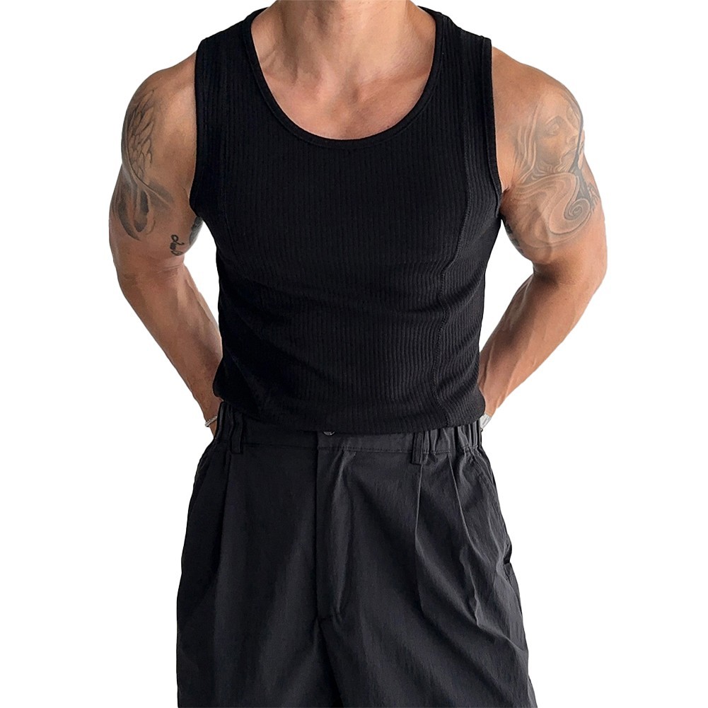 Male Top Mens Vest Casual Minimalist O-Neck Regular Ribbed Sleeveless Slim