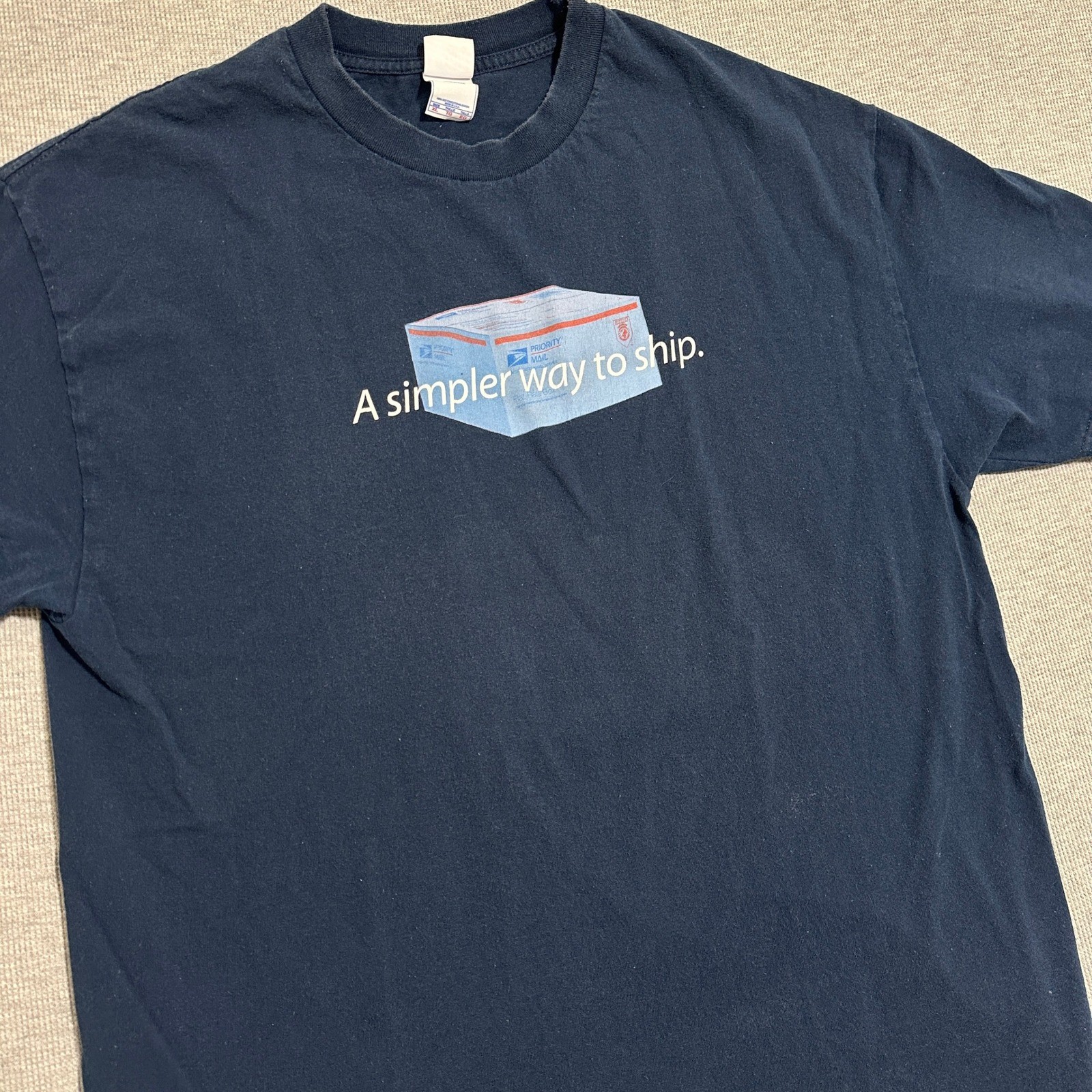 Vintage USPS Priority Mail Flat Rate Box Promo Graphic Tee Navy Double Sided XL