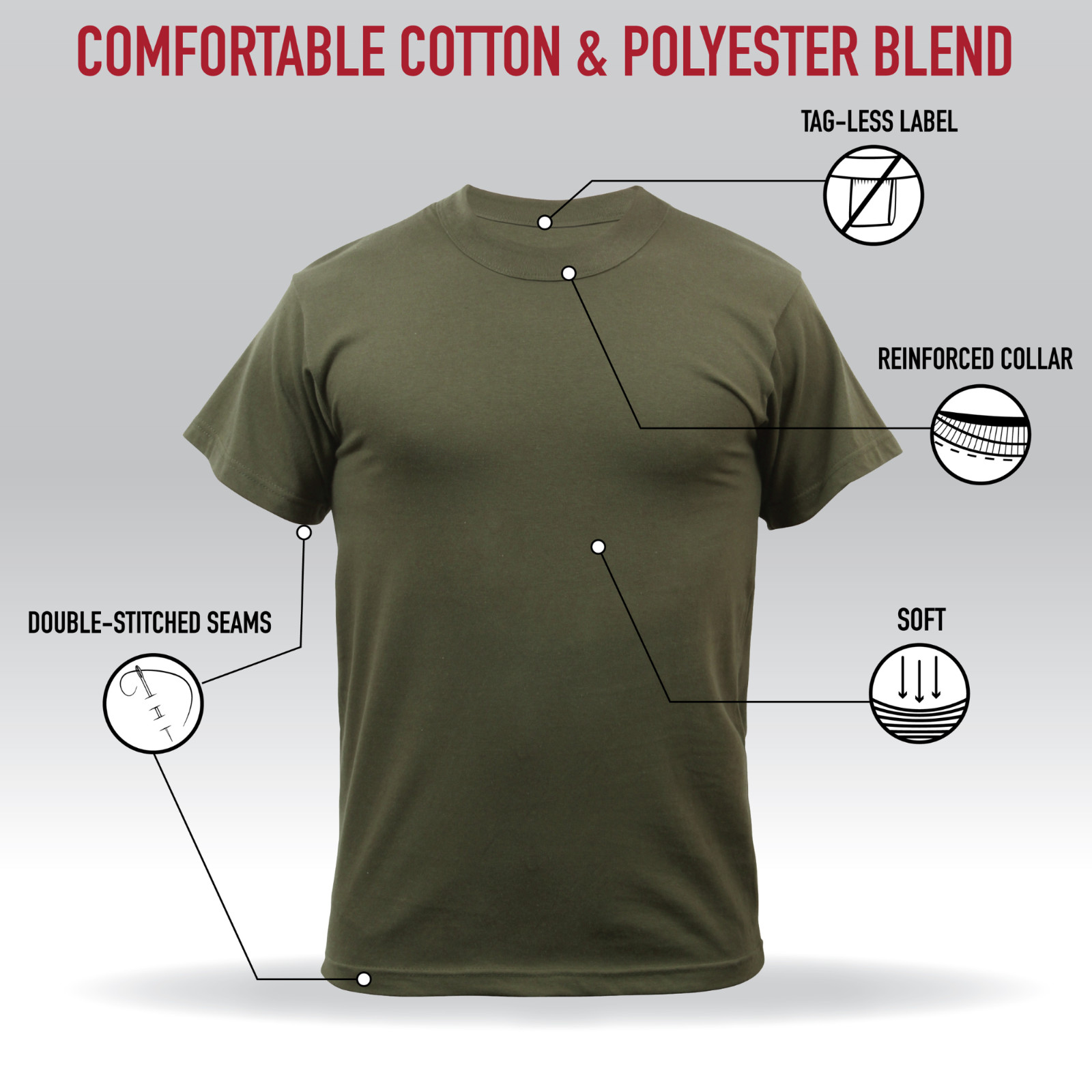 Rothco Solid T-Shirt Army Color Military Short Sleeve Poly/Cotton or 100% Cotton