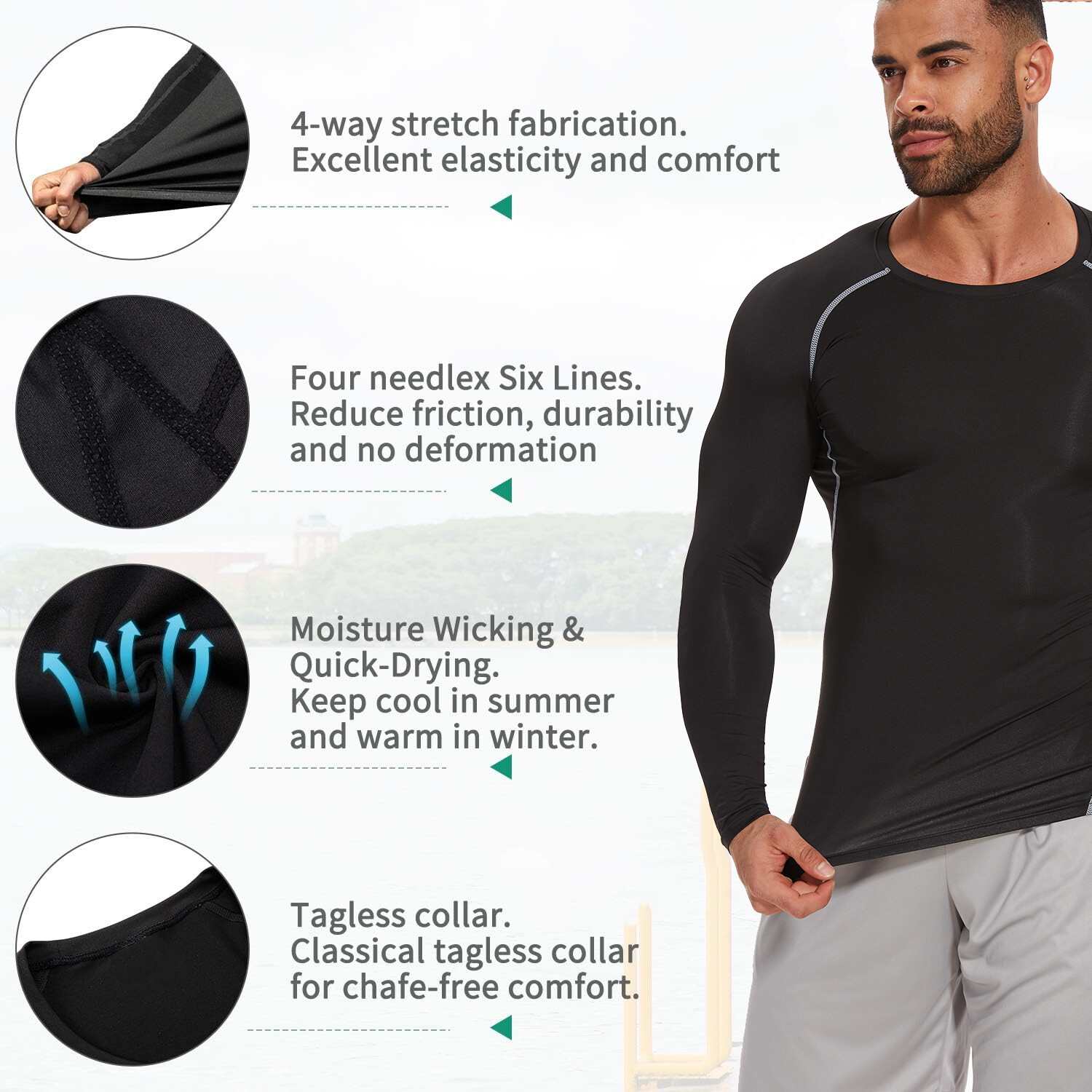 Mens Compression Shirts Long Sleeve Workout Baselayer Quick Dry Athletic Sports