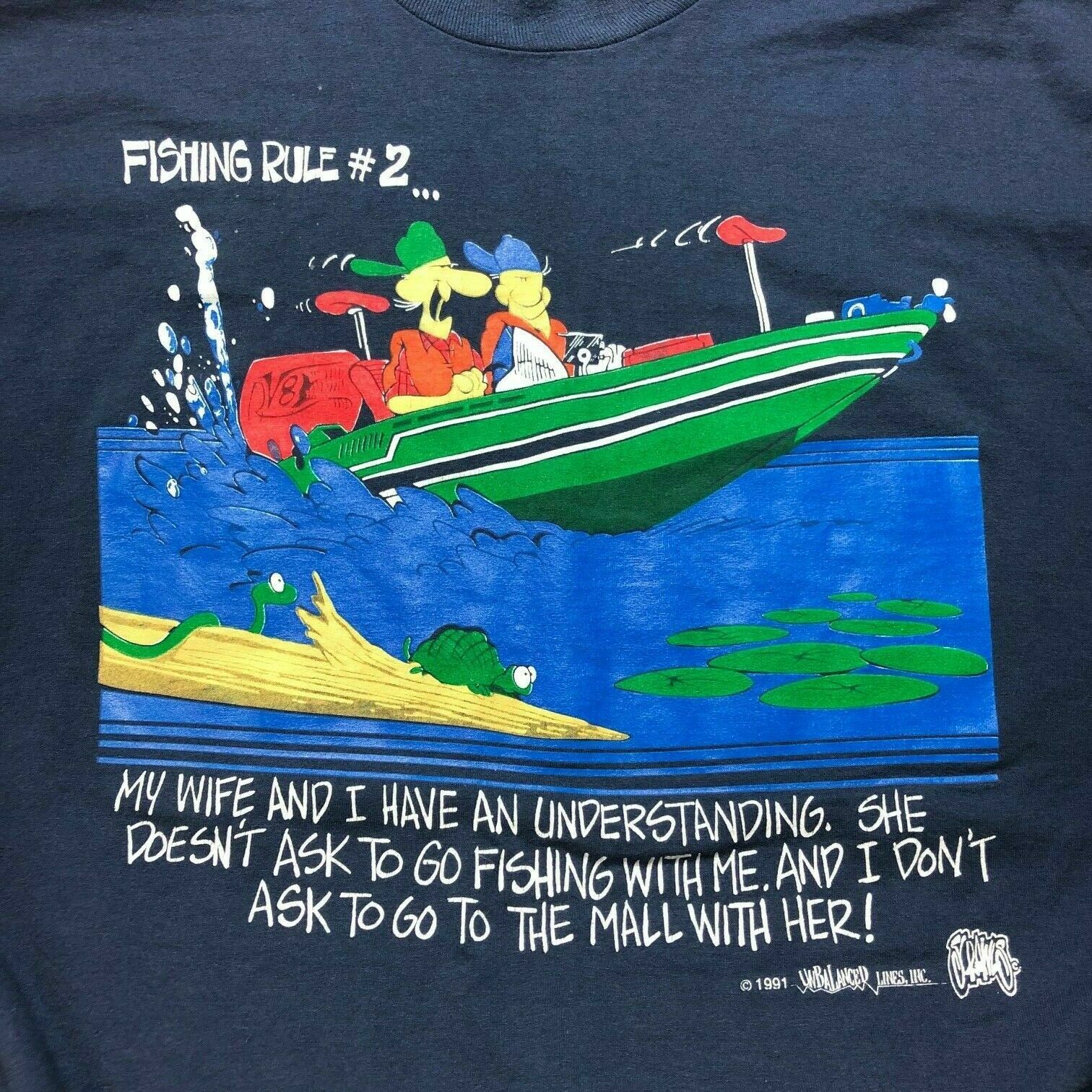 Vintage 1991 Fishing Boating T Shirt XXL Blue Nautical Wife Husband USA Made