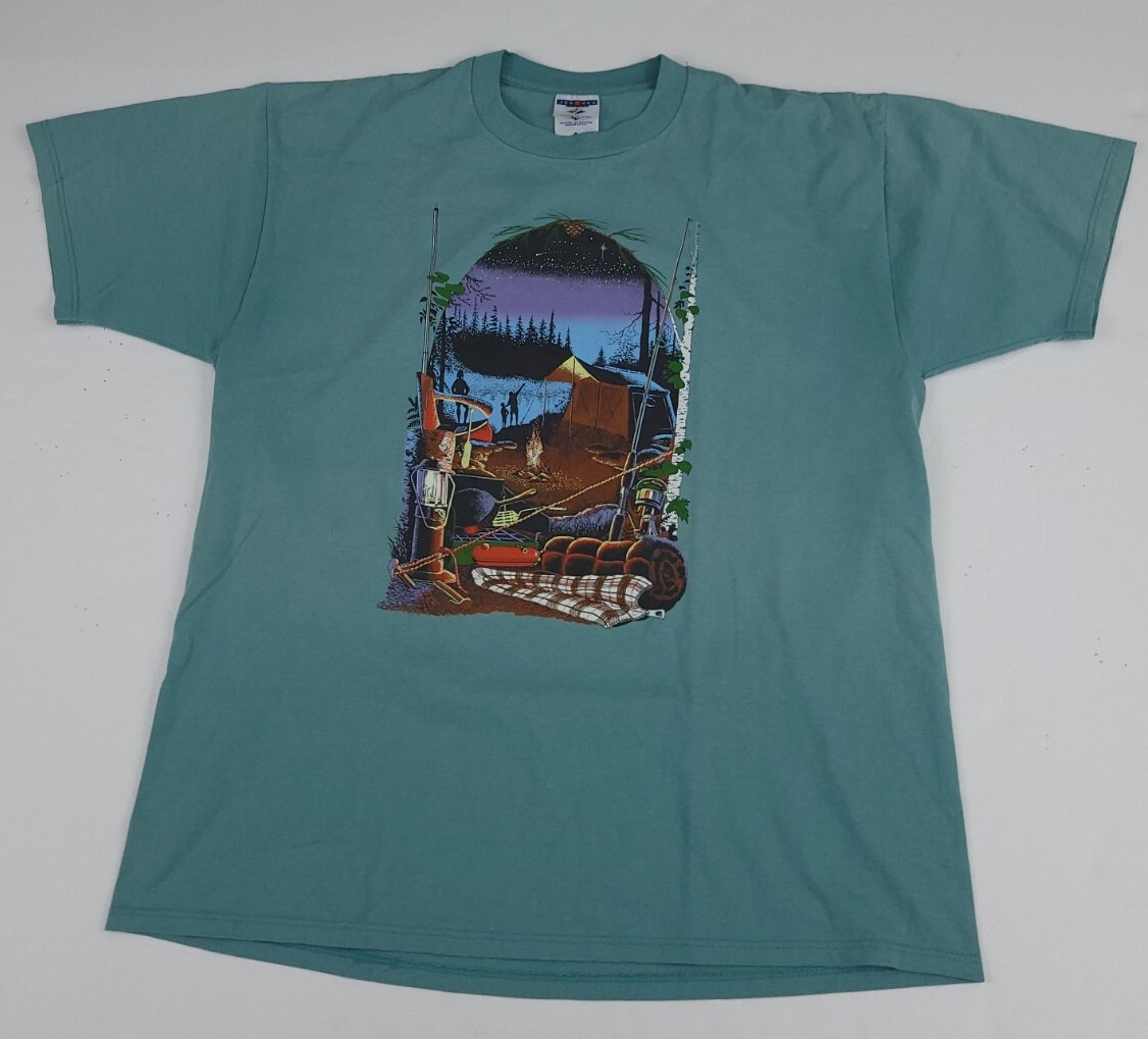 Vintage 90s Camping Outdoor Scenic Multicolor Print Shirt Rare Camp Vtg USA Made