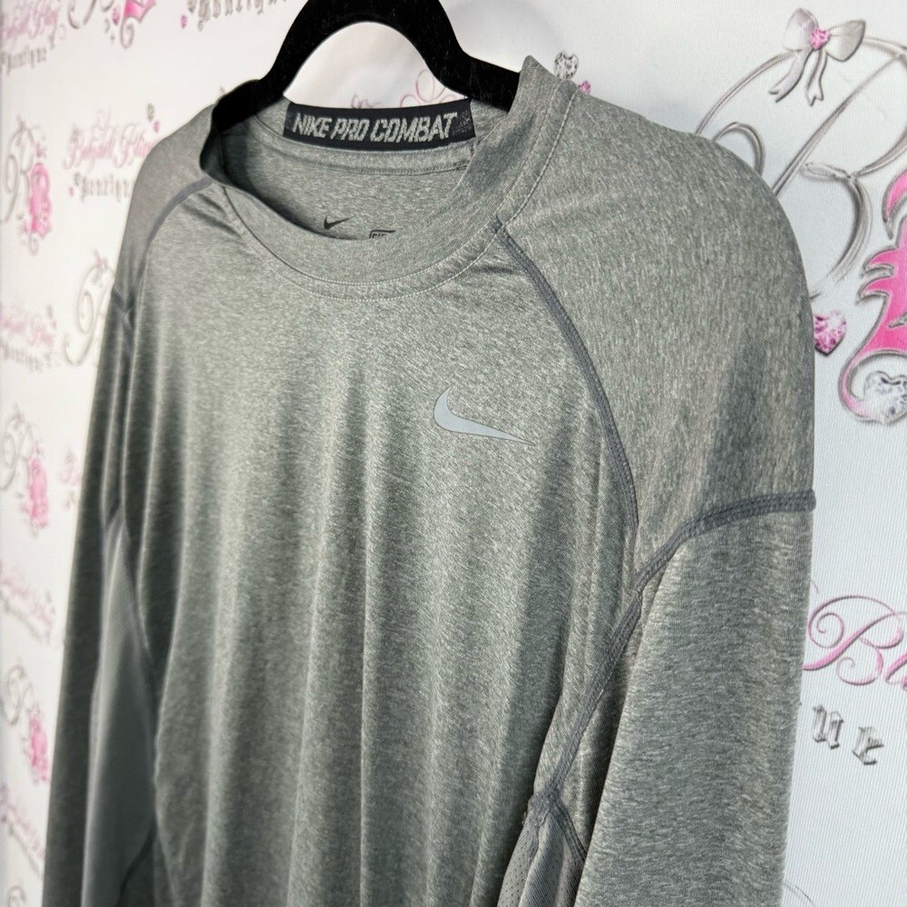 Nike long sleeve shirt dri fit grey silver Pro Combat Men’s Long Sleeve Gray Tee