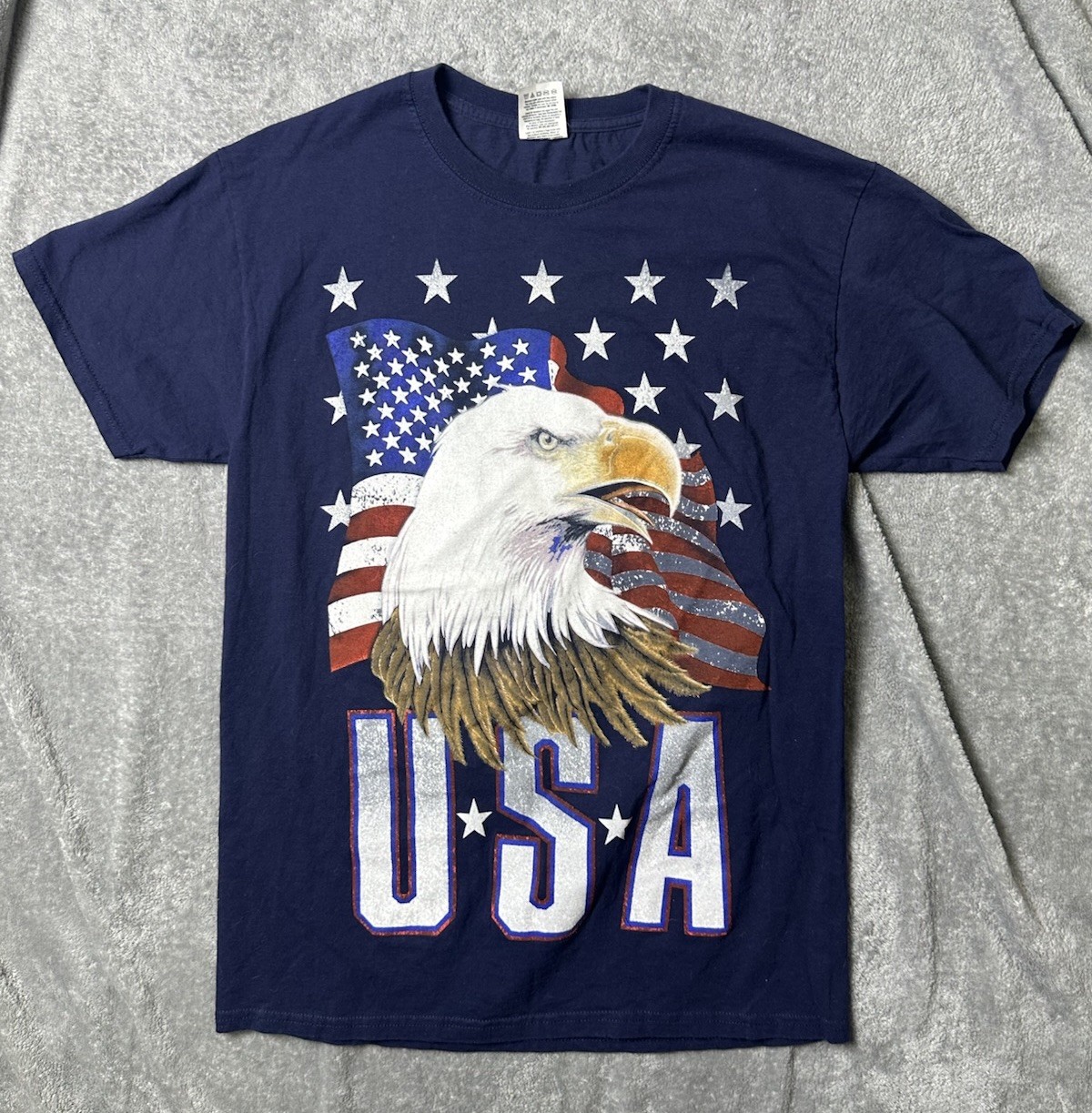 VTG Style USA Bald Eagle American Flag Graphic Tee Fruit of the Loom Heavy HD M