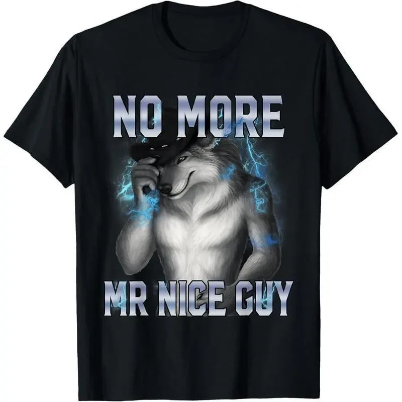 No More Mr Nice Guy Wolf Hat Blue Lightning Alpha Wolf Graphic Black T-Shirt