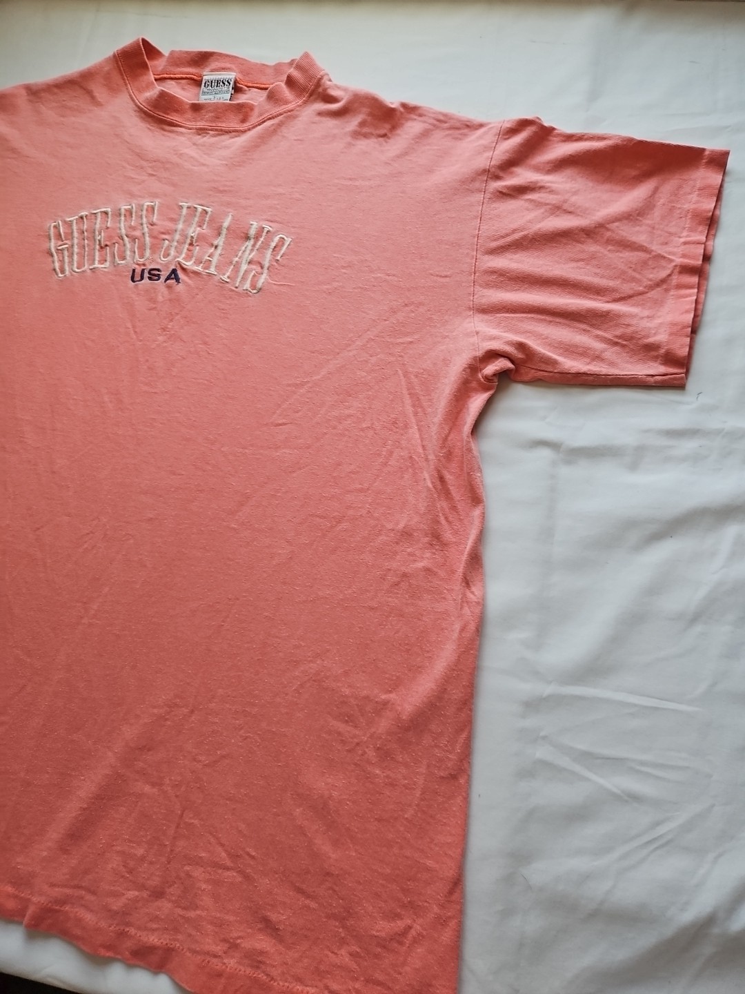 VTG 90s GUESS Jeans USA T-Shirt Size MEN’S L Single Stitch Pink Salmon 23″x29″