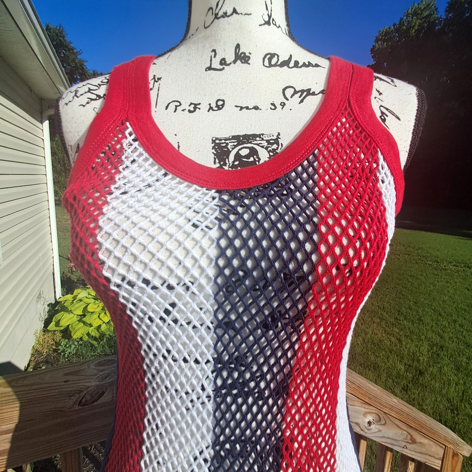 Vintage Trends String Vest Mesh Fishnet Tank Top Dress Large Patriotic USA Flag