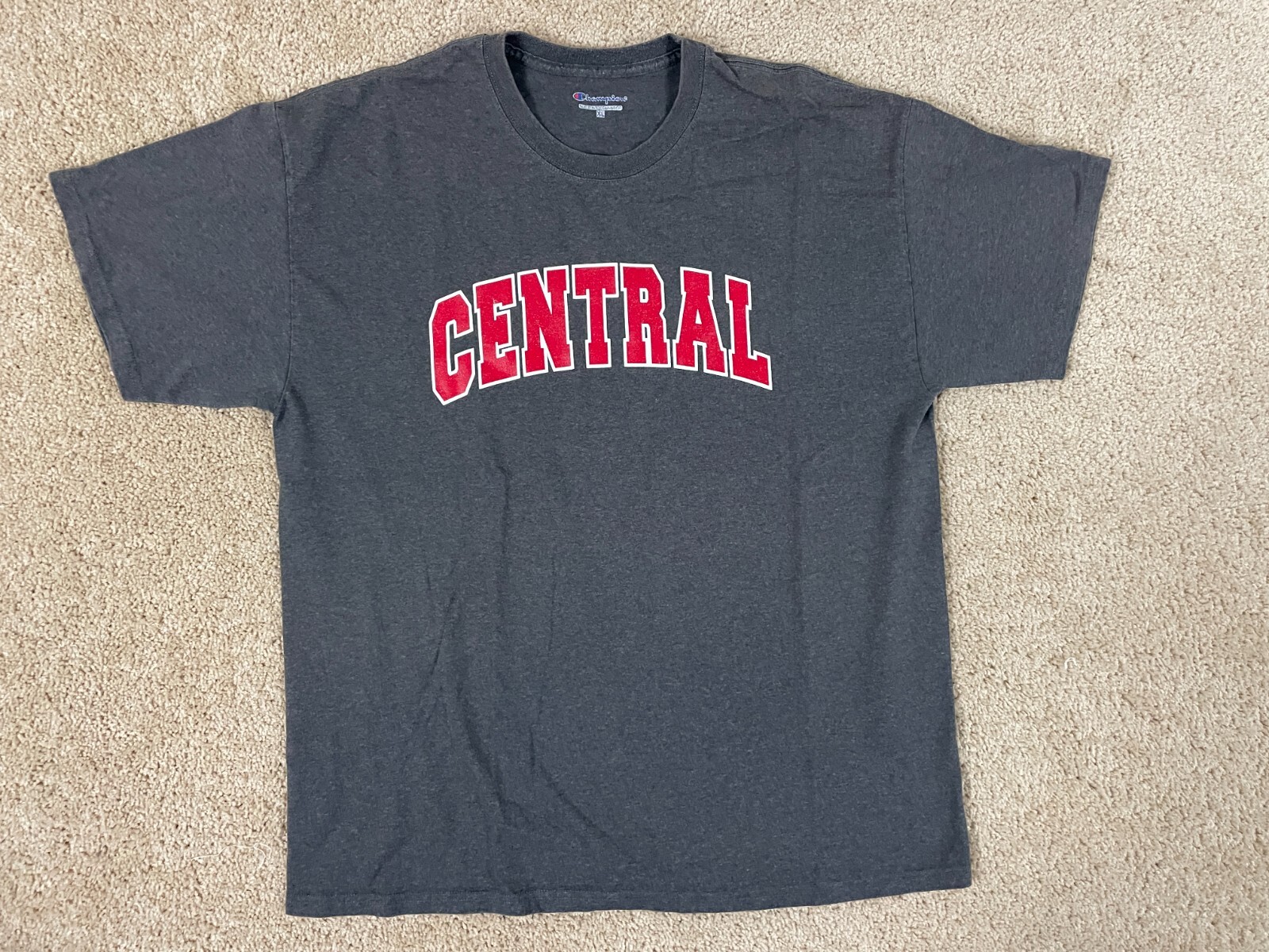 Champion Casual Basic T-Shirt Mens XL Crew Neck Central Spell Out Graphic Gray