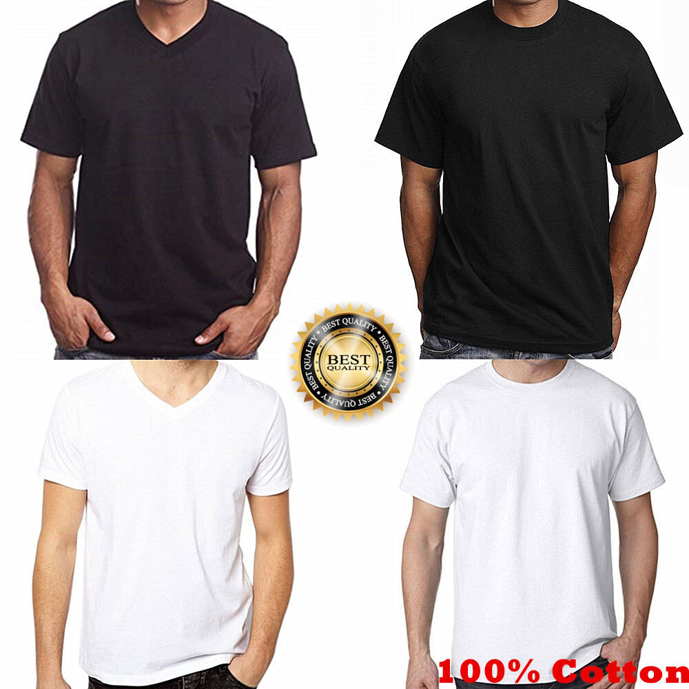 For Mens 100% Cotton Casual T-Shirt Black White Short Sleeve Tee Crew V-Neck LOT