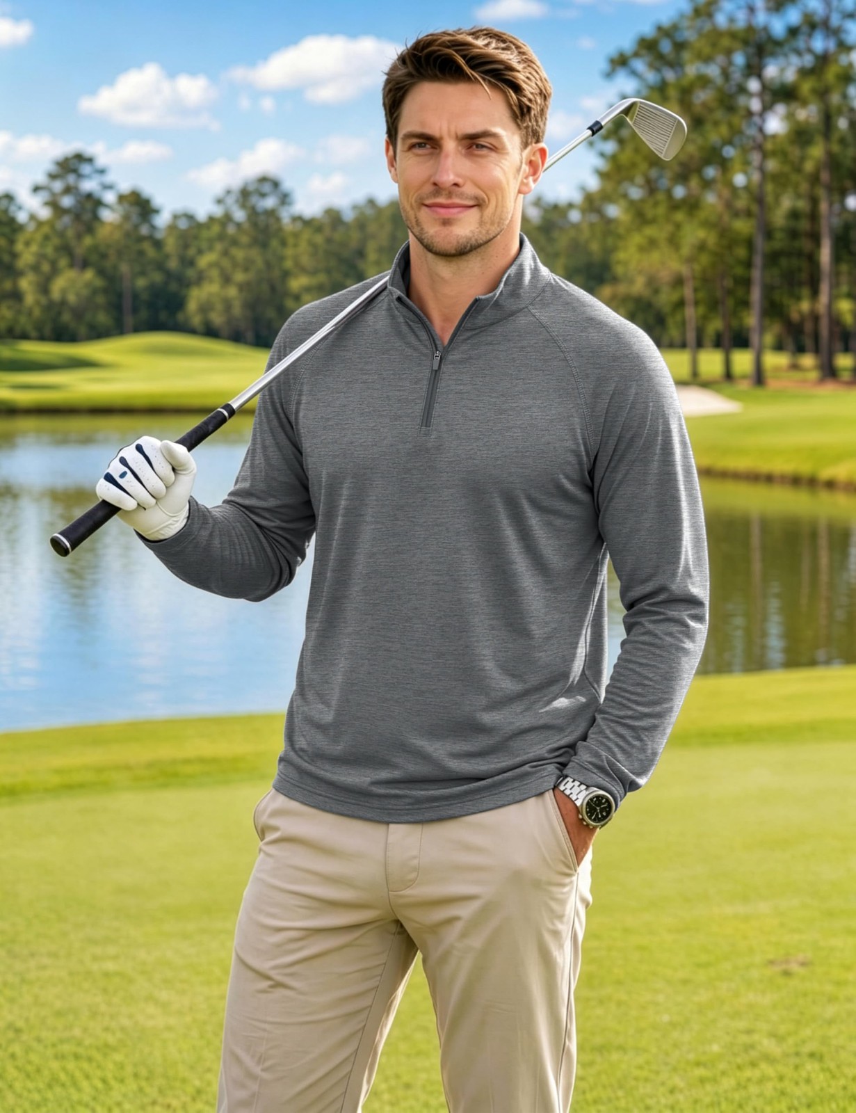 Mens Quarter Zip Pullover Long Sleeve Shirt UPF 50+ Lightweight Golf Shirts P…