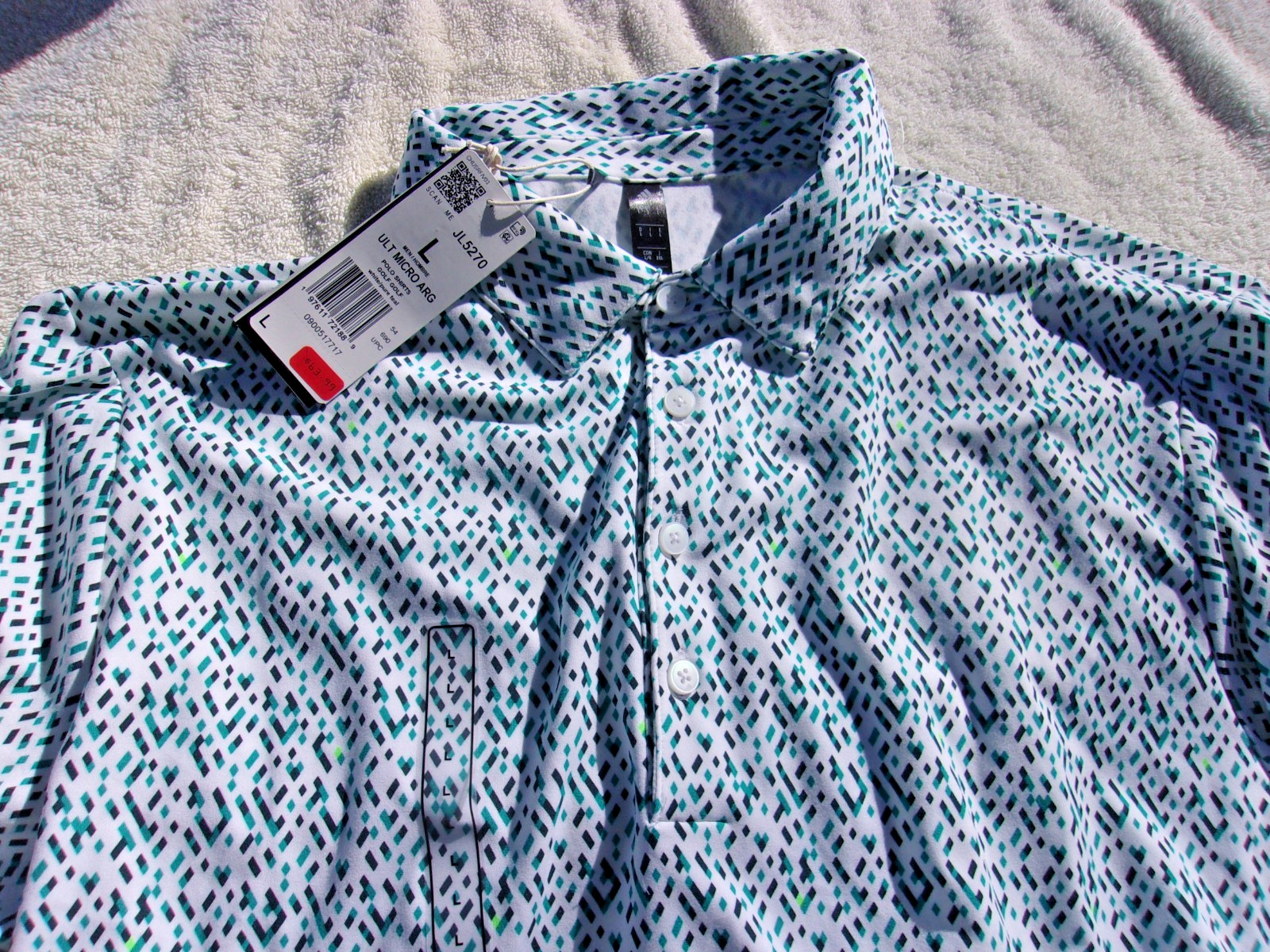 NWT Adidas polo, men’s L, or XL, white, green & black print, poly. blend, $80