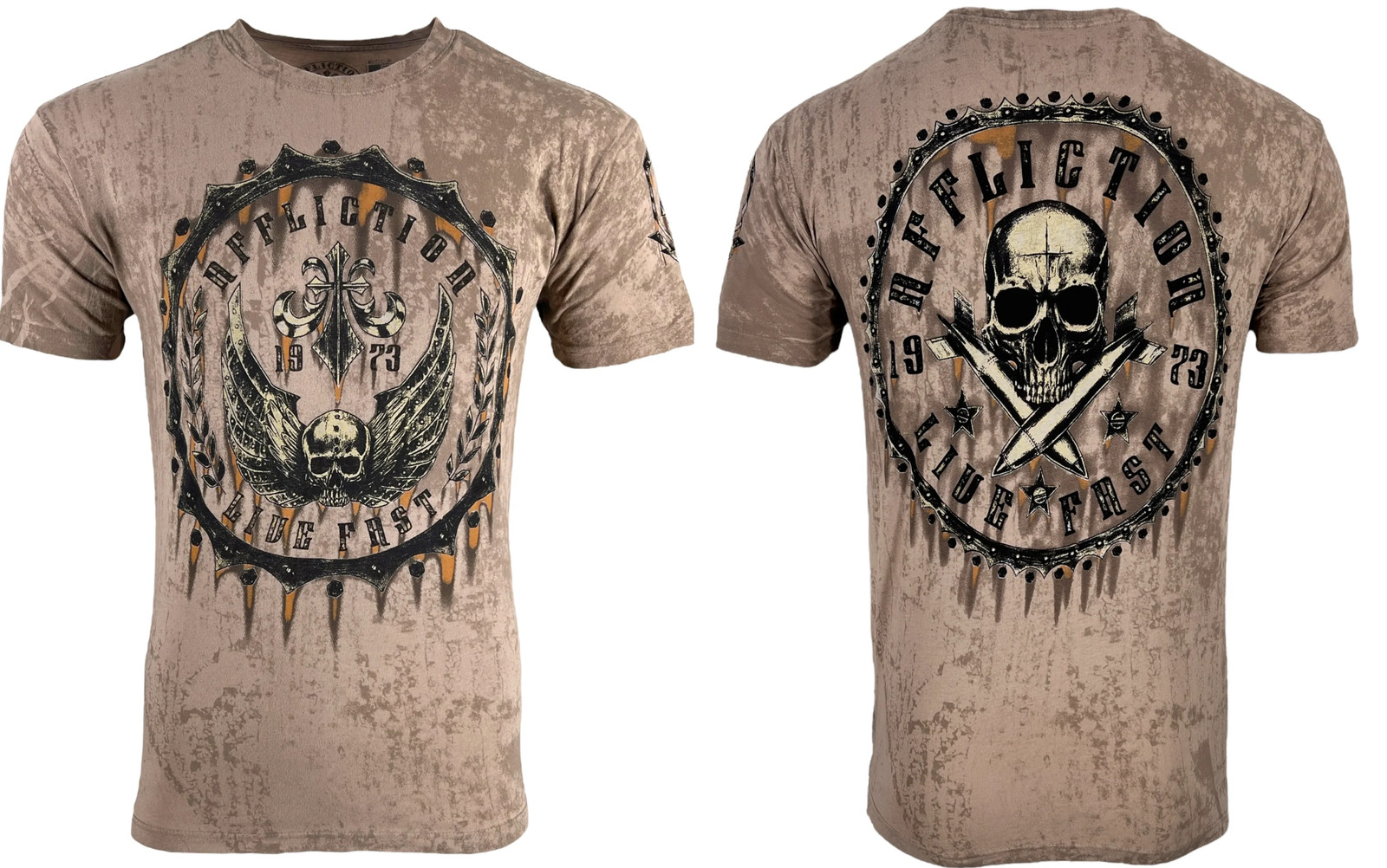 Affliction Men’s T-Shirt Rustproof Skull Wings Biker Sand S-5XL
