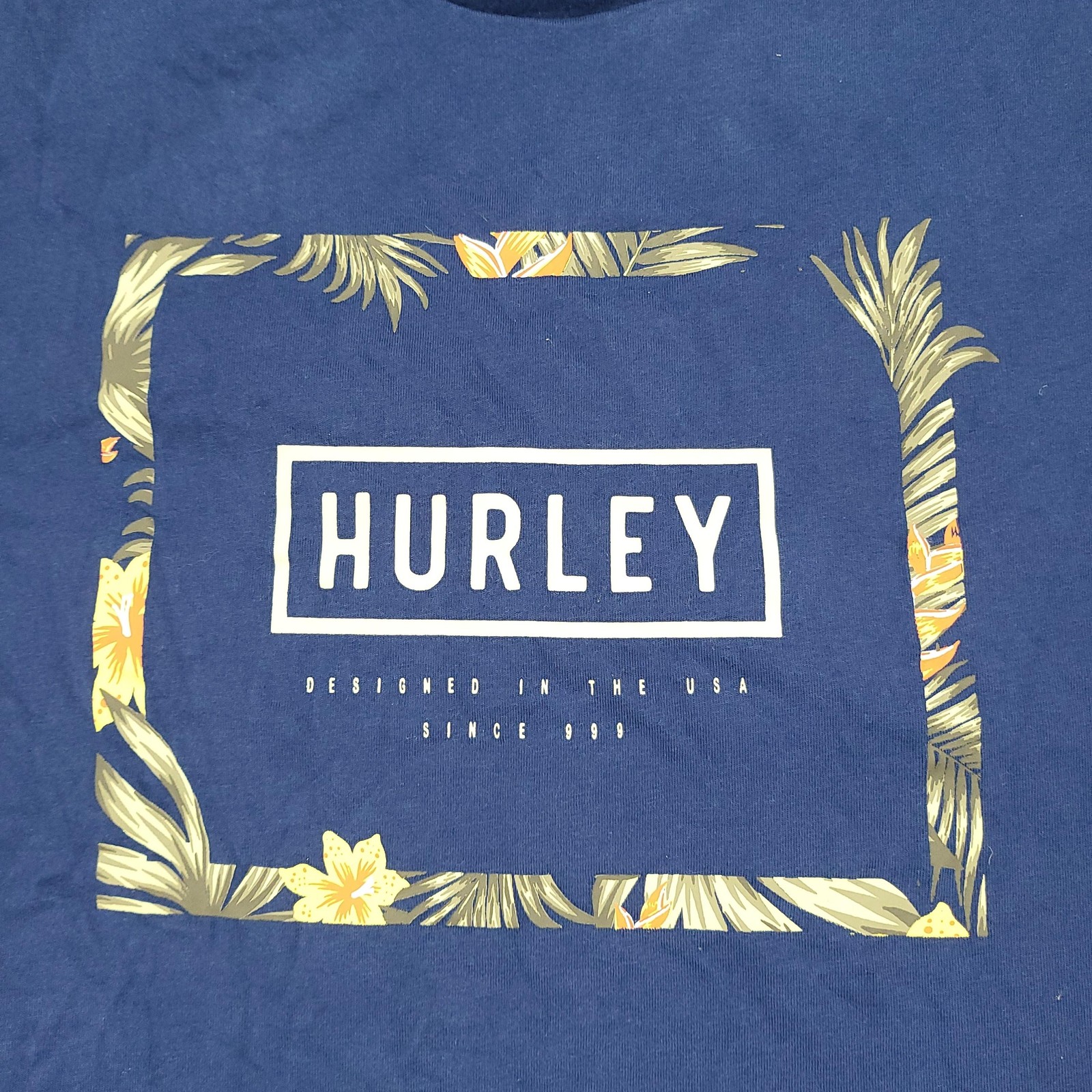 Hurley Shirt Mens Large Blue Tropical Logo Graphic Tee Tagless Crewneck Surf