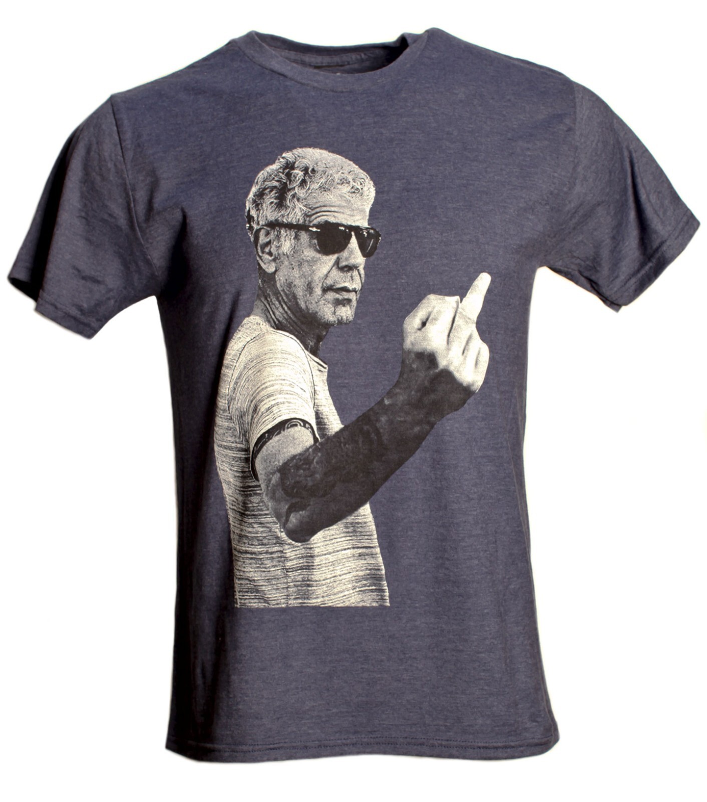 Men’s Anthony Bourdain Middle Finger Graphic T-Shirt Heather Navy Blue