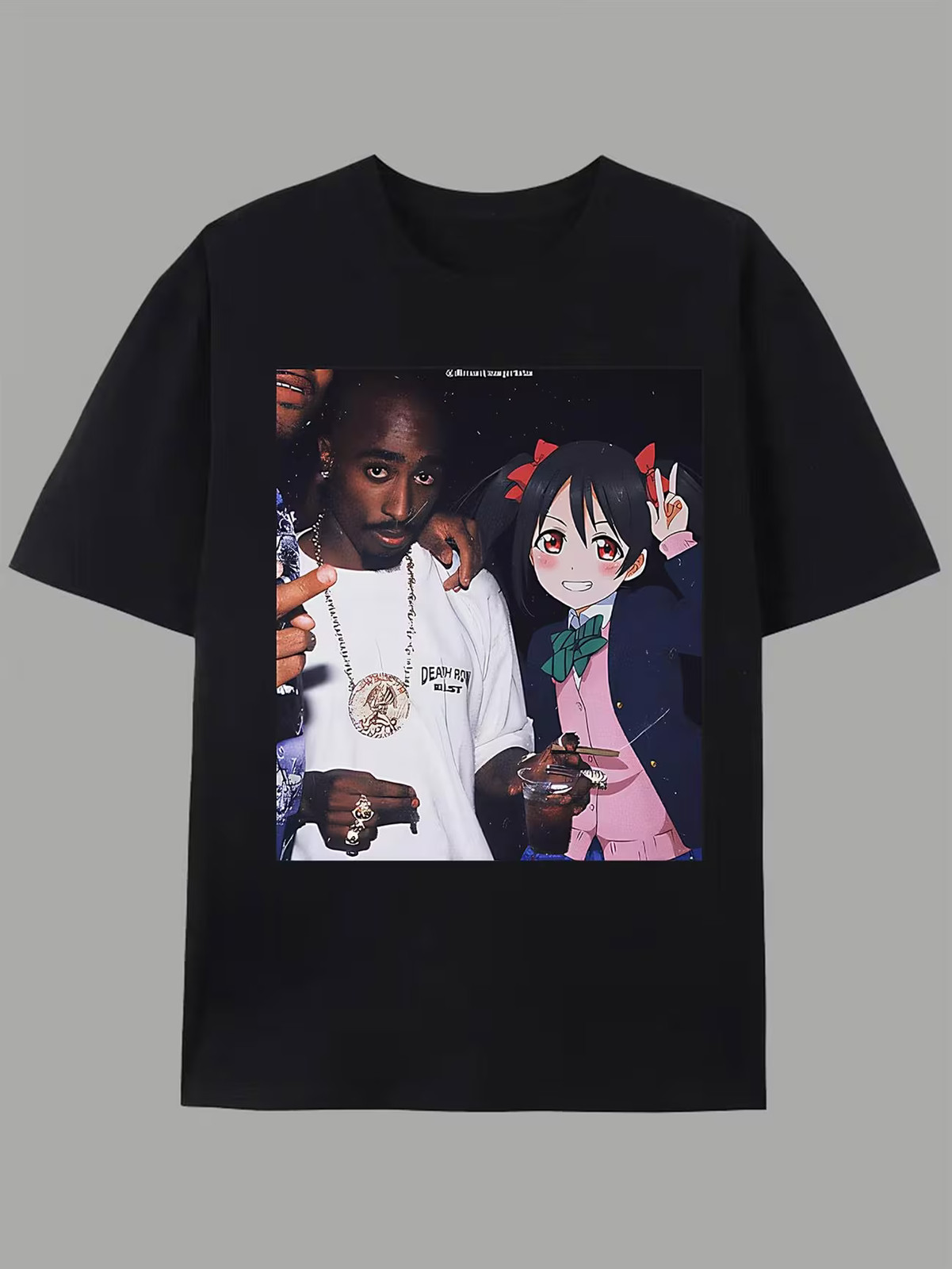 Unique Black Graphic T-Shirt Featuring a Stylish Combination of Real-Life and An