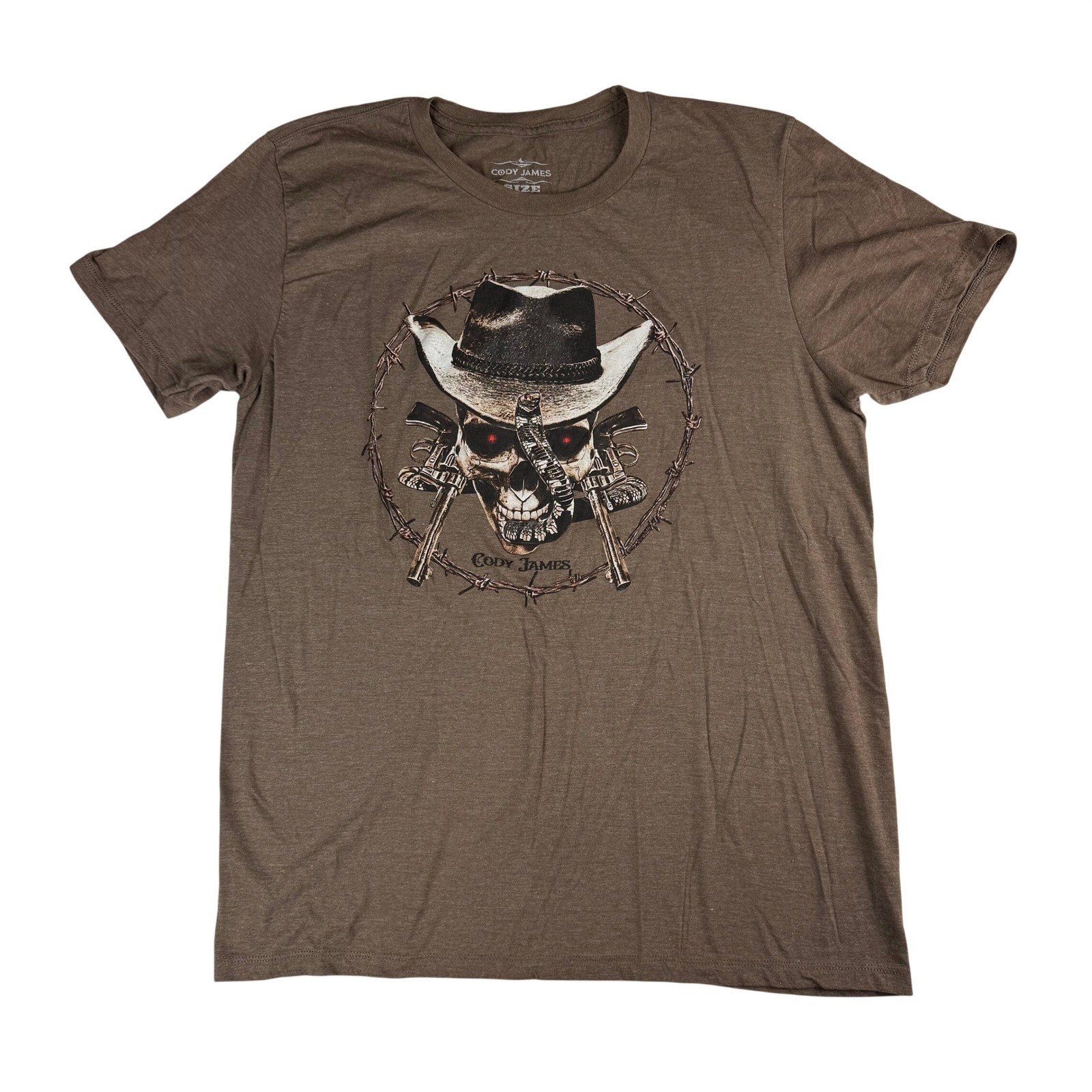 Cody James Graphic Tee Mens L Brown Skull Cowboy Hat Snake Barbed Wire