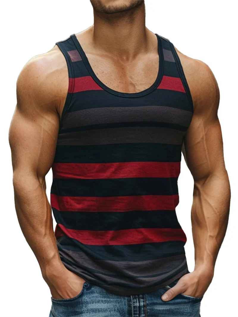 Retro Striped 3D Graphic Tank Top for Men – Sleeveless Quick-Dry Summer Vest