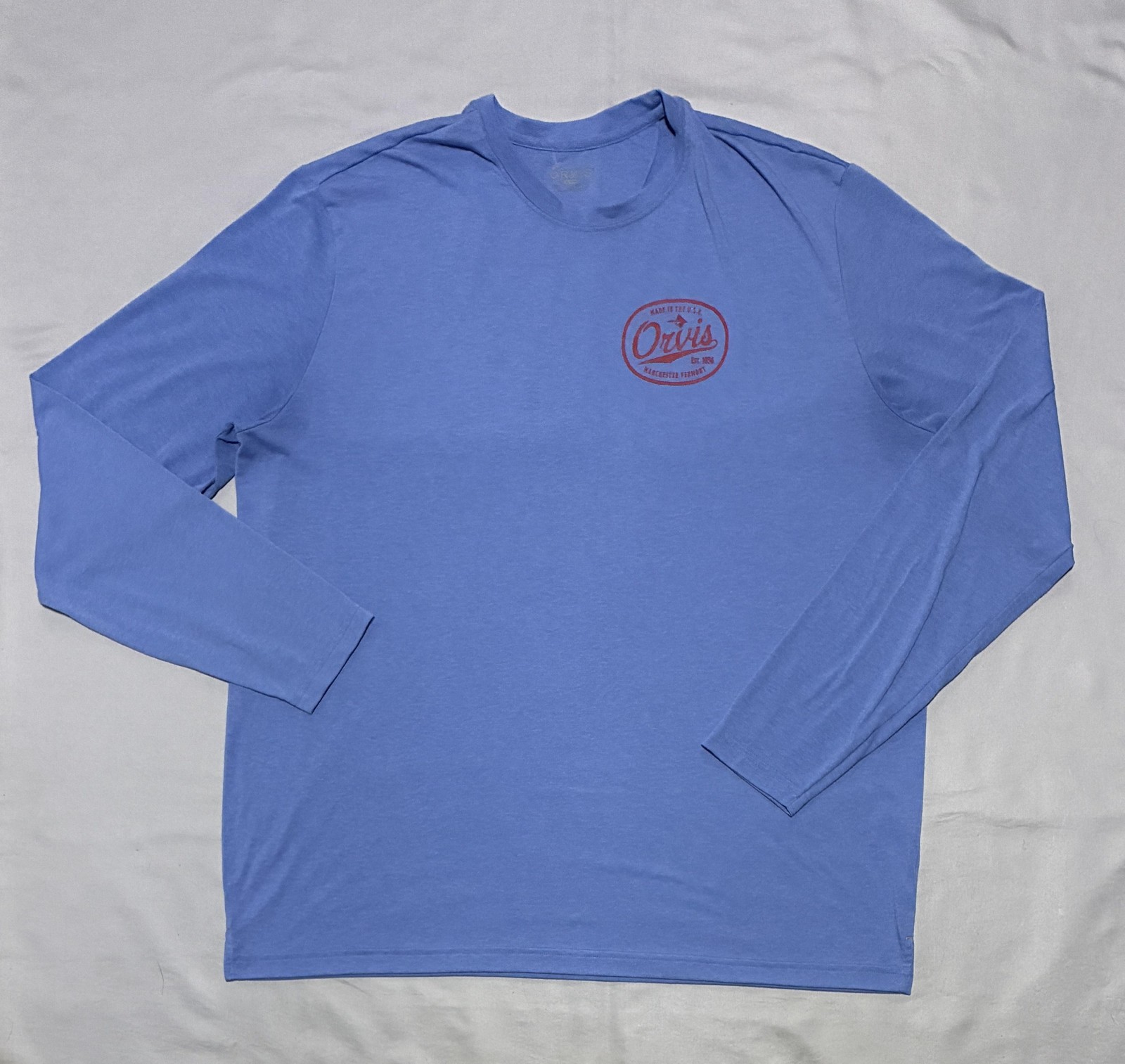Orvis Shirt Mens XL Blue Long Sleeve Manchester Vermont Logo Graphic Tee Tagless