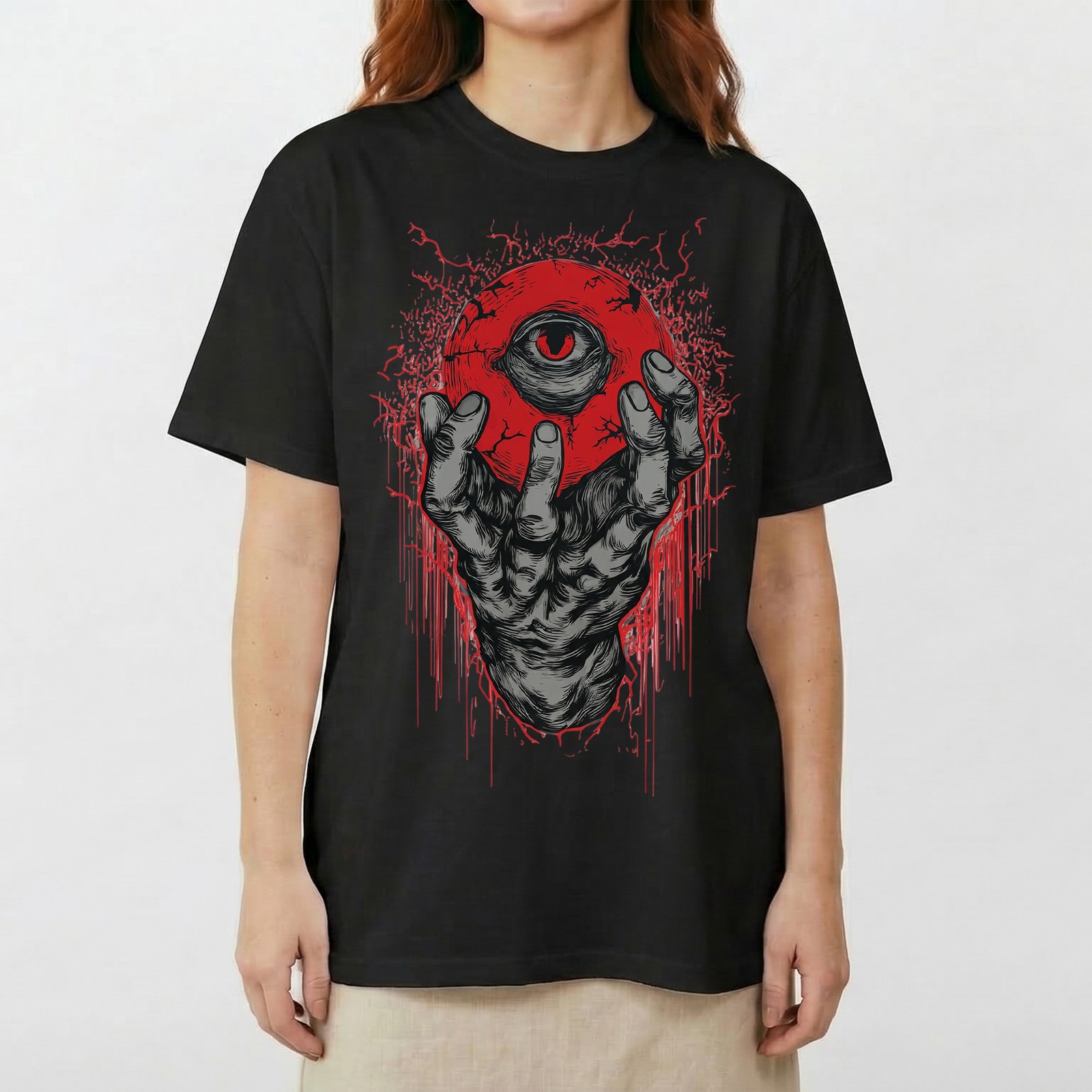 Demon Hand Holding Red Eyeball Horror Dark Gothic T-Shirt Occult Satanic Art Tee