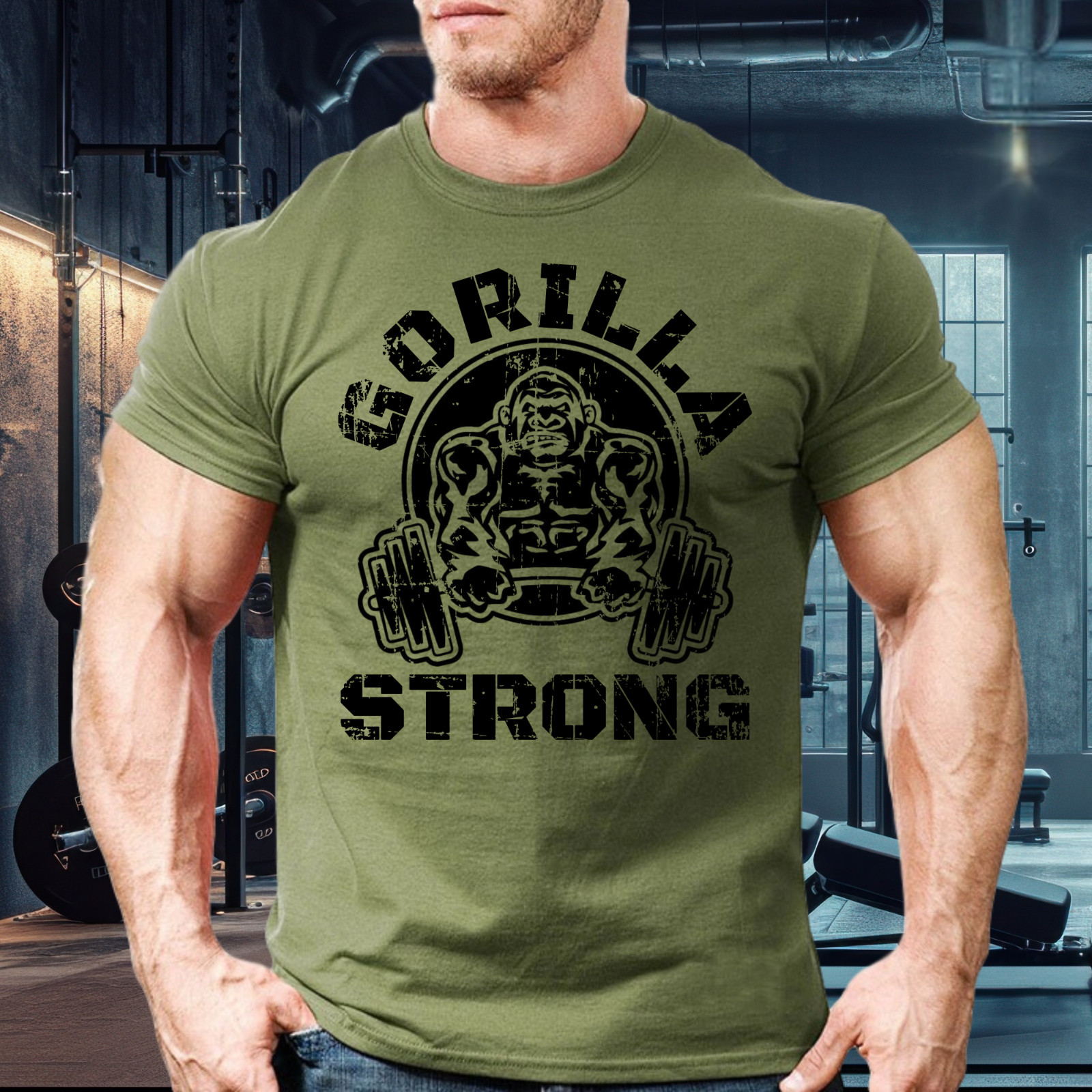 GORILLA STRONG BARBELL GYM T-SHIRT, WORKOUT SHIRT, GYM CLOTHES, BODYBUILDING Tee